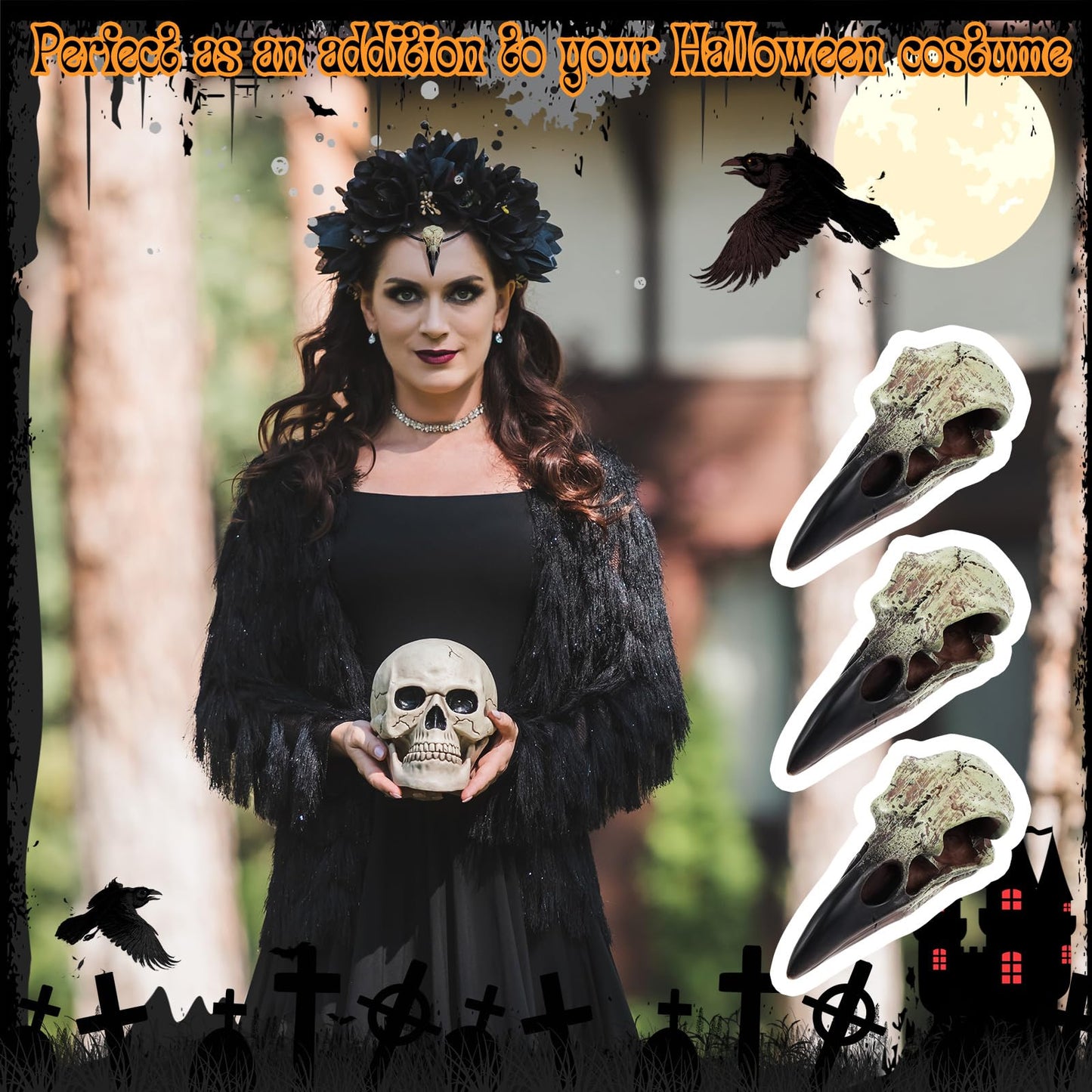 Geetery Goth Raven Skull Figurine Gothic Home Decor Obsidian Crow Hanging Sculpture Resin Animal Skull Statue Halloween Occult Ornament for Faux Bird Bone Jewelry Necklace Decor Gift(4 Pcs,2.36 Inch)
