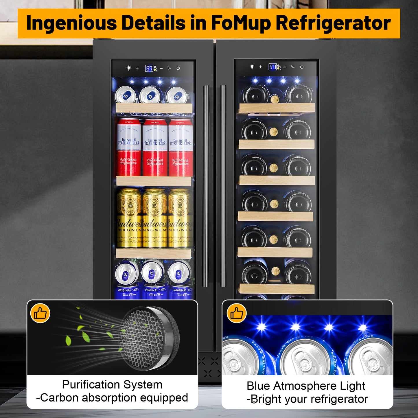 FoMup Wine and Beverage Refrigerator, 24 Inch Beverage Cooler Dual Zone with Glass Door, Under Counter Beverage Fridge with Upgraded 60 Cans 20 Bottles Large Capacity, Black