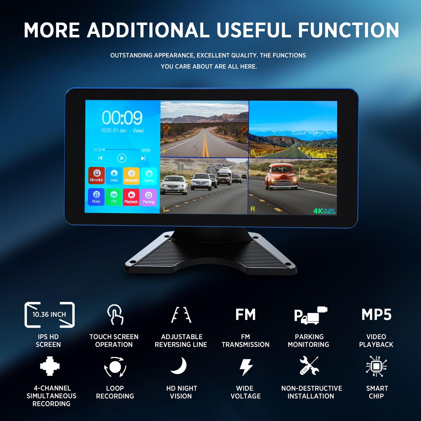 Ciascy 4K Backup Camera 4 Channel 360 Dash Cam with 10.36" Quad Split Touch Screen & 4 AHD Front Rear Sides View Camera w/DVR Recording Music Video Playback Avoid Blind for RV Semi Trailer Truck Van