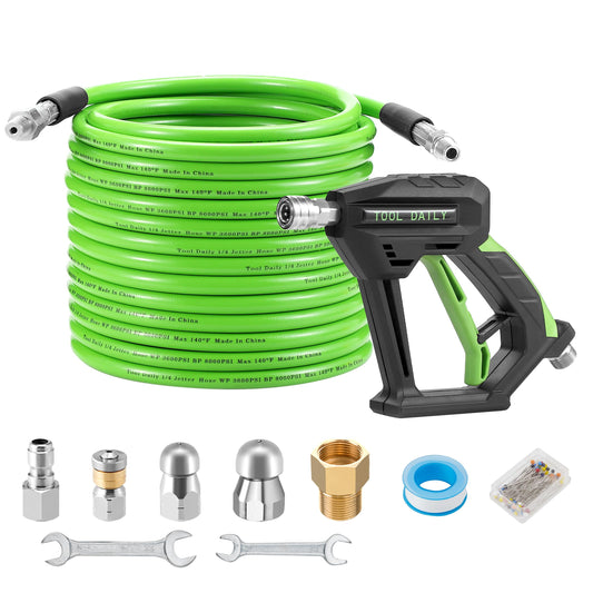Tool Daily Sewer Jetter Kit for Pressure Washer 50 FT, Short Power Washer Gun, Drain Cleaner Hose 1/4 Inch NPT, Corner, Rotating and Button Nose Sewer Jet Nozzle, 3600 PSI