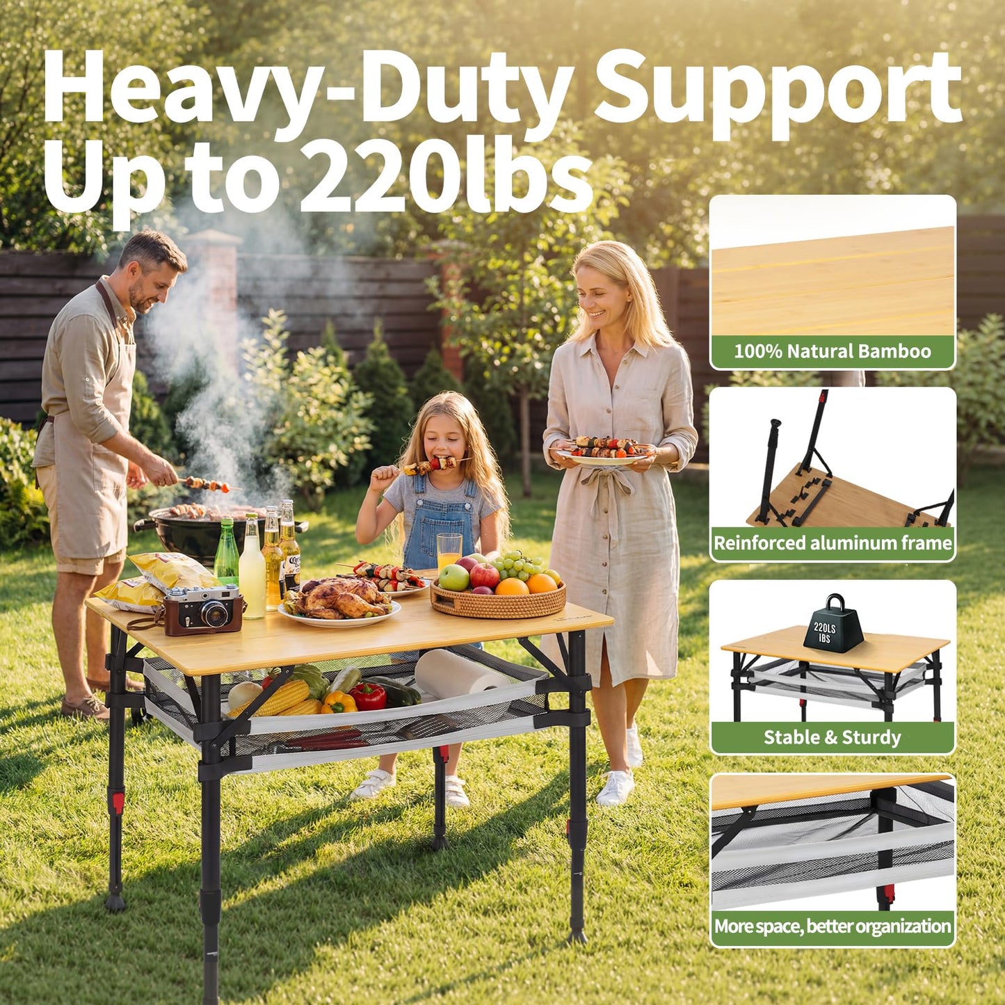 Join Nature Bamboo Camping Table, Adjustable Height Folding Outdoor Table with Aluminum Frame, Portable Camp Table with Carry Bag for Camping, RV, Picnic & Tailgating