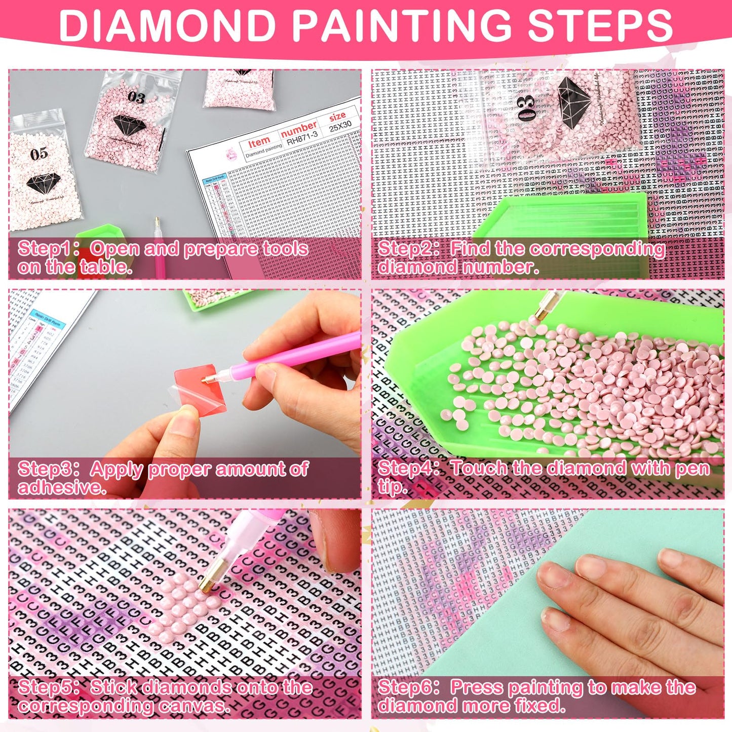 Chunful 6 Pcs Pink Bow Diamond Painting Kits, DIY Painting for Adults Diamond Crafts Aesthetic Room Decor Cute Coquette Bow Pictures 5d Craft Wall Decor for Home, 10 x 11.8''