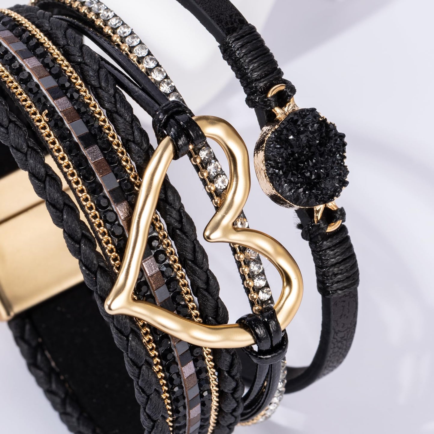 Becklynn Boho Leather Wrap Bracelets Beaded Crystal Stackable Cuff Bracelet with Magnetic Clasp Cowboy Cowgirl County Concert Outfits Western Jewelry Gifts for Women(Heart Black)