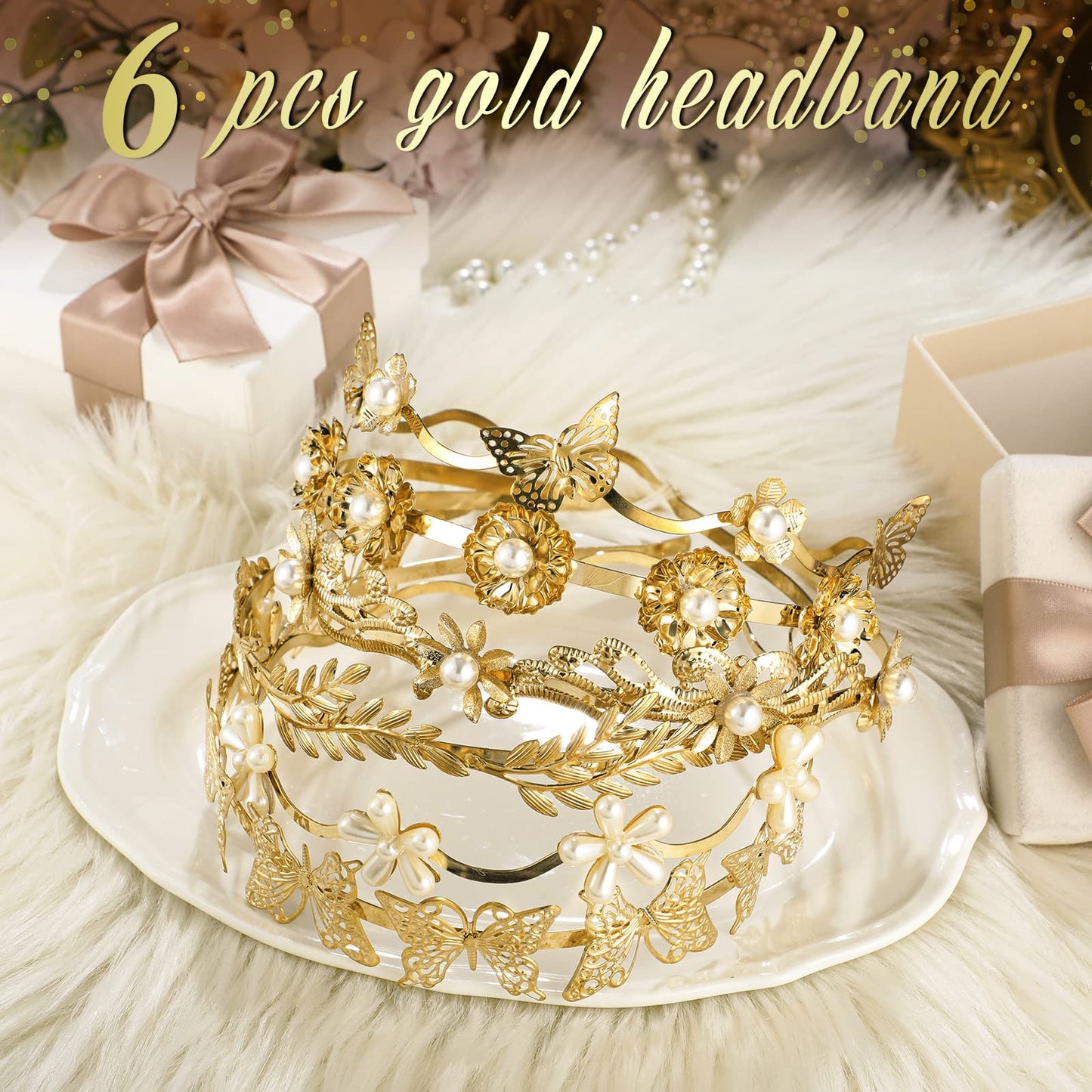 XunYee 6 Pcs Gold Leaf Headbands Set Pearl Headbands for Women Greek Goddess Accessories Flower Faux Pearls Hairband Gold Metal Prom Headpiece Crown Bridal Hairband for Women Girl (Stylish Pattern)