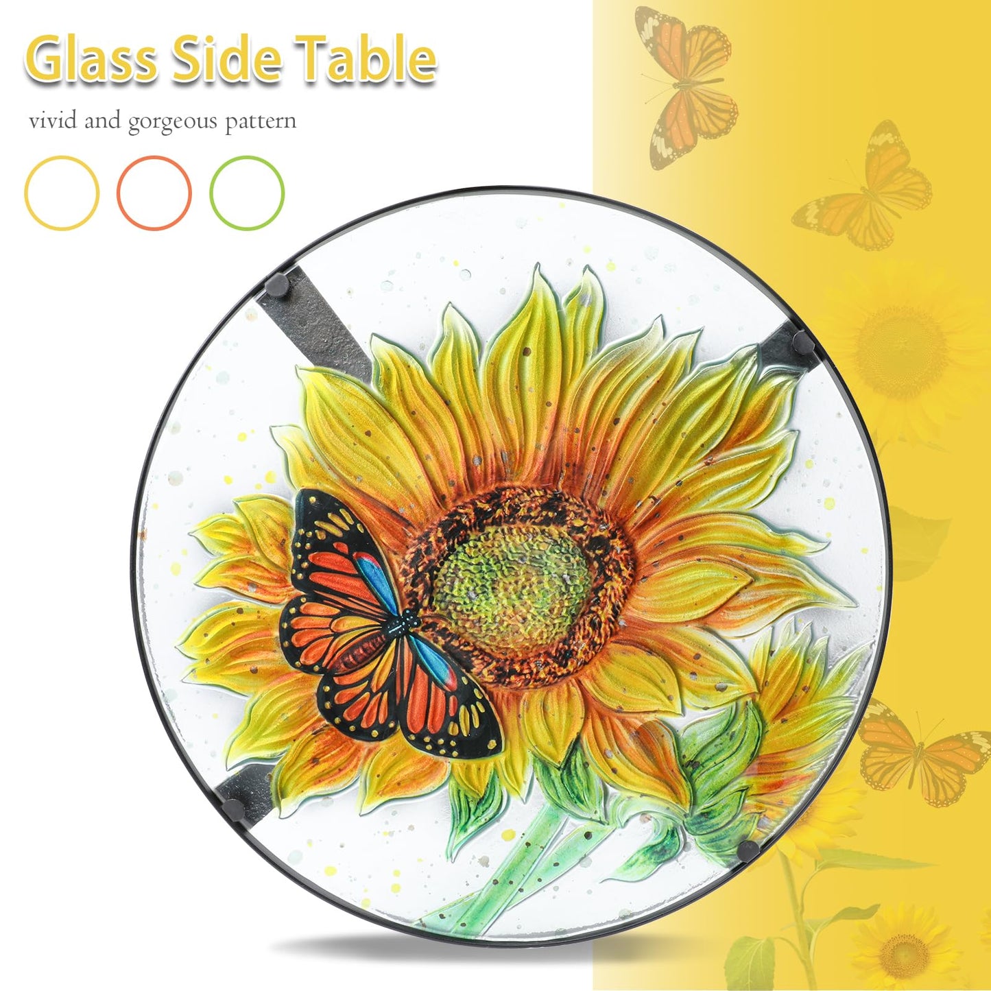 VCUTEKA Patio Side Table Outdoor Accent Table Bistro Coffee Table Plant End Table Small Porch Table Indoor Round Glass Balcony Plant Table Stands Sunflower 14''