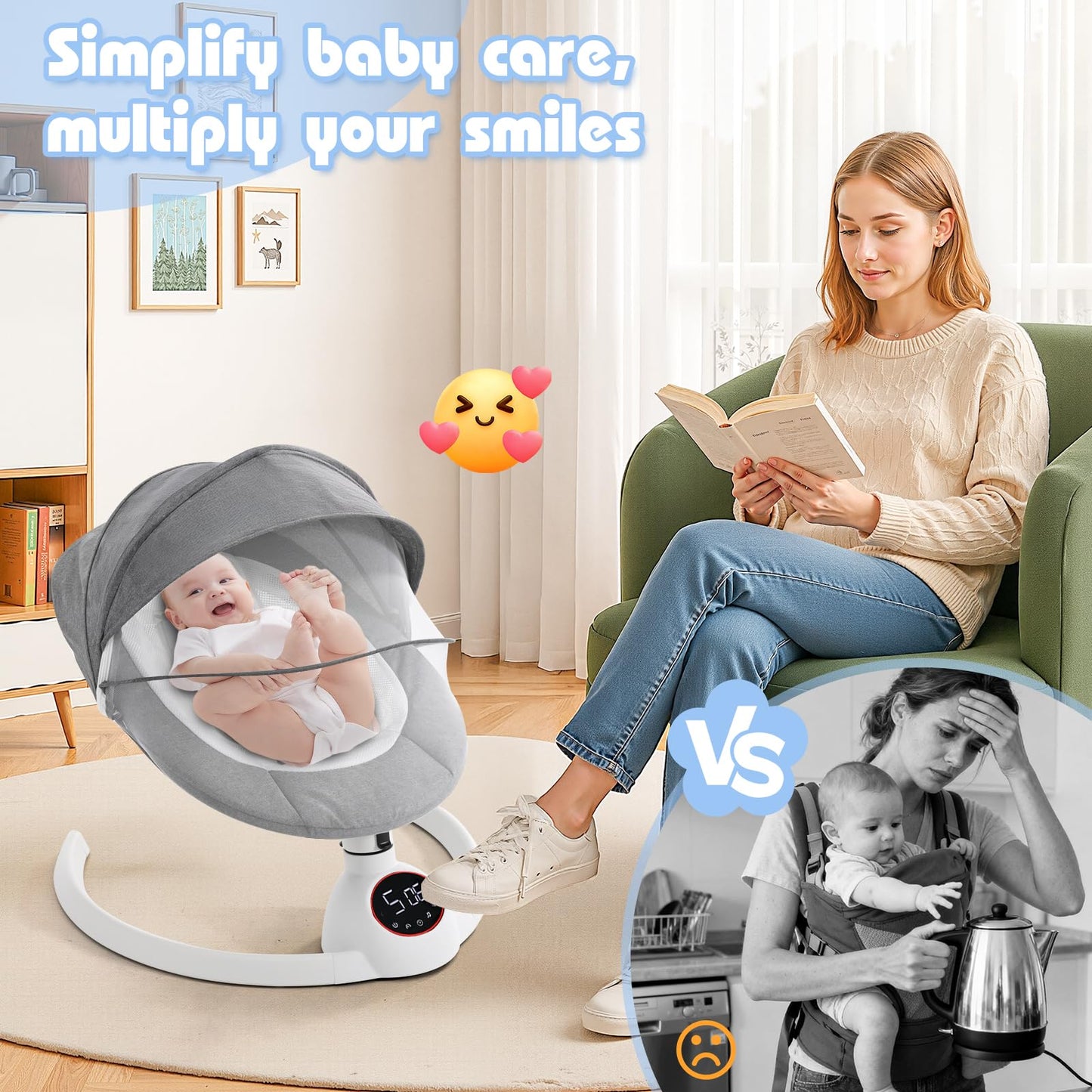 Soobaby Baby Swing for Infants,Electric Swing for Babies,Portable Swing for Baby Boy Girl,Remote Control Indoor Baby Rocker with 5 Sway Speeds,Music and Bluetooth,Bright Gray