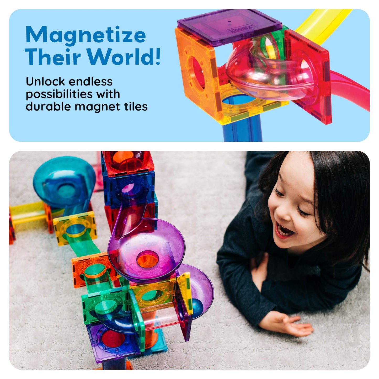 PicassoTiles 70pc Marble Run Magnetic Tiles STEM Set for Kids Ages 3 and Older Magnet Tile Marbles Maze Building Blocks Brain Development Toy Preschool Educational Learning Construction Playset PTG70