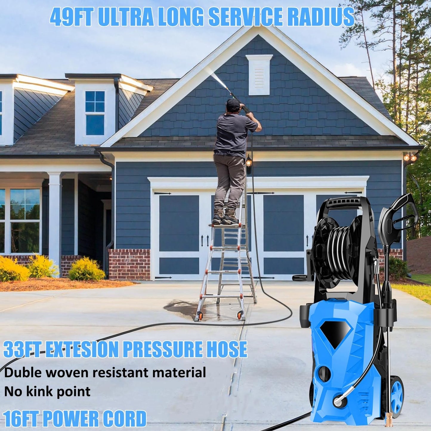 commowner 5000PSI Electric Pressure Washer - 2025 New Power Washer with Upgraded 33ft Pressure Washer Hose Reel, Foam Cannon, 4 Nozzle Set, Power Washer for House/Patios/Car/Fence, Blue