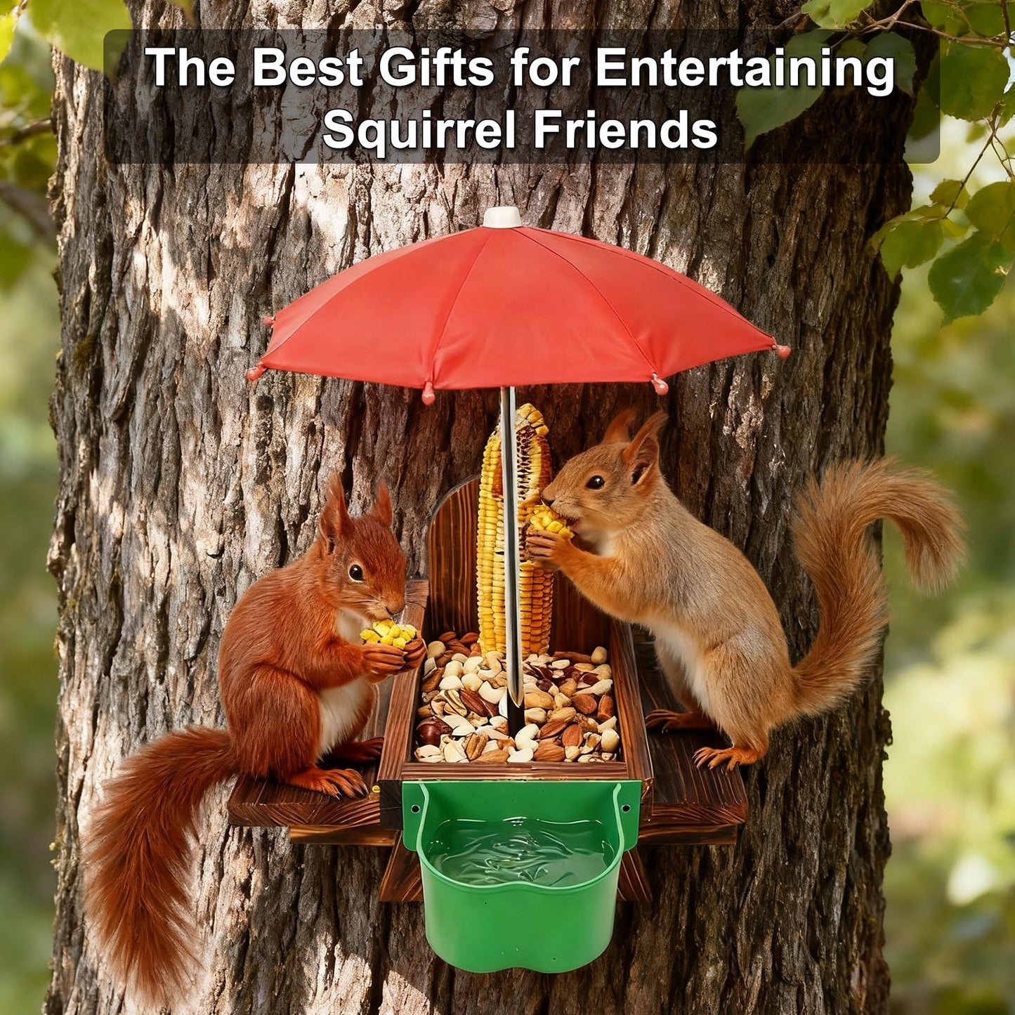Vigormar Squirrel Feeders for Outside, Squirrel Picnic Table with Water Bowl, Corn Cob Holder and Umbrella, Squirrel Feeder with Ground Stake for Garden, Yard and Outdoor(Dark Brown)