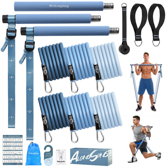ALongSong Upgraded Pilates Bar Kit with Resistance Bands Natural Latex, Heavy-Duty Stainless Steel Multifunctional Yoga Pilates Stick for Home Gym Exercise Fitness Equipment Full-Body Workouts