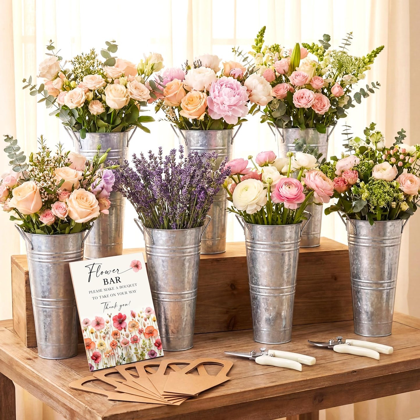LEIFIDE Flower Bar Buckets Set Kit Bloom Bar Supplies Include Wood Sign Gift Bags Iron Bucket Garden Flower Shears for Wedding Bridal Shower Graduation Birthday Table Centerpieces(39 Pcs,Silver)