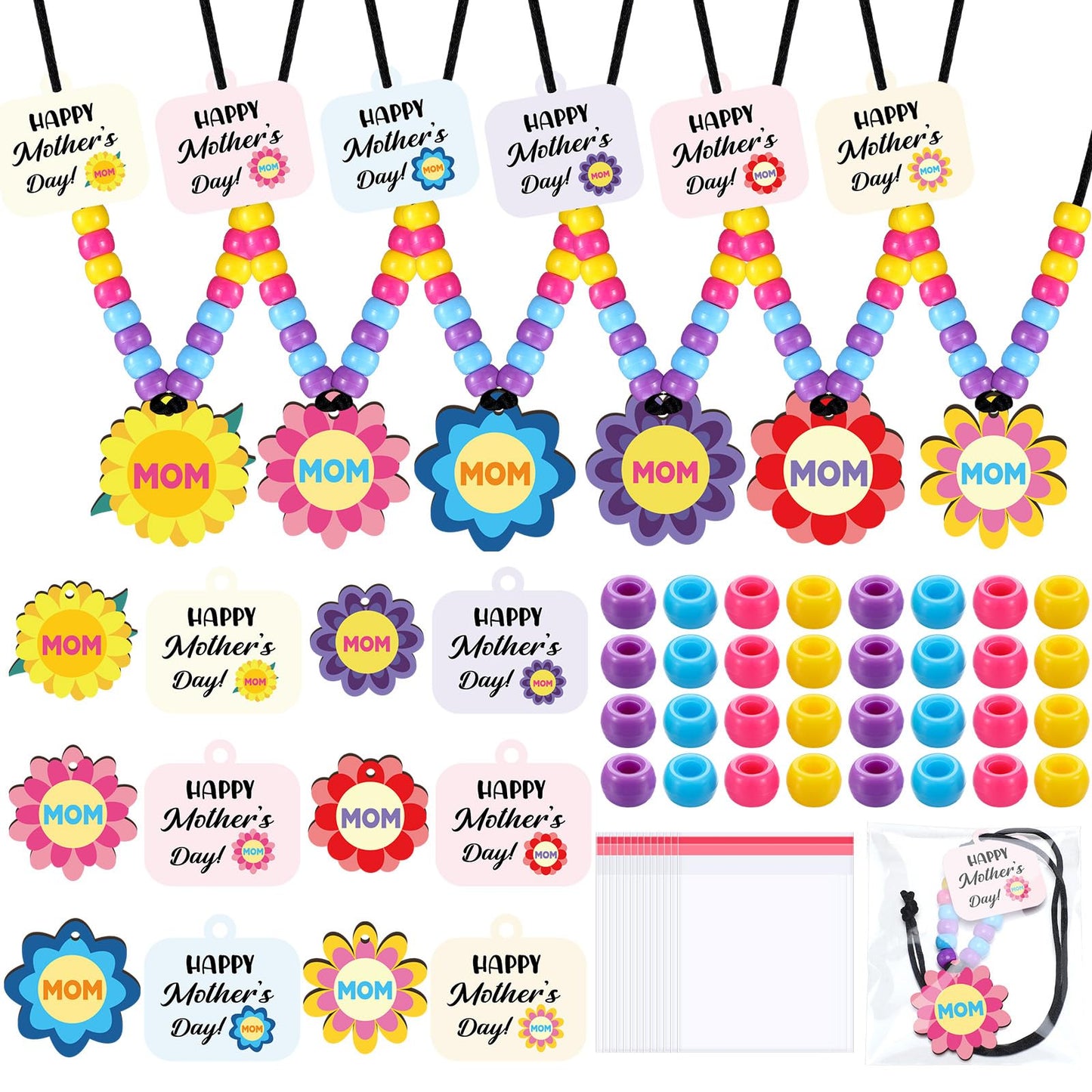 Ferreve 24 Sets Mother's Day Beads Necklace Crafts Kit Mother's Day Gifts DIY Mom Wooden Flowers Necklace Kits Bulk Make Your Own Mom Gifts for Family Classroom Making Party Favors