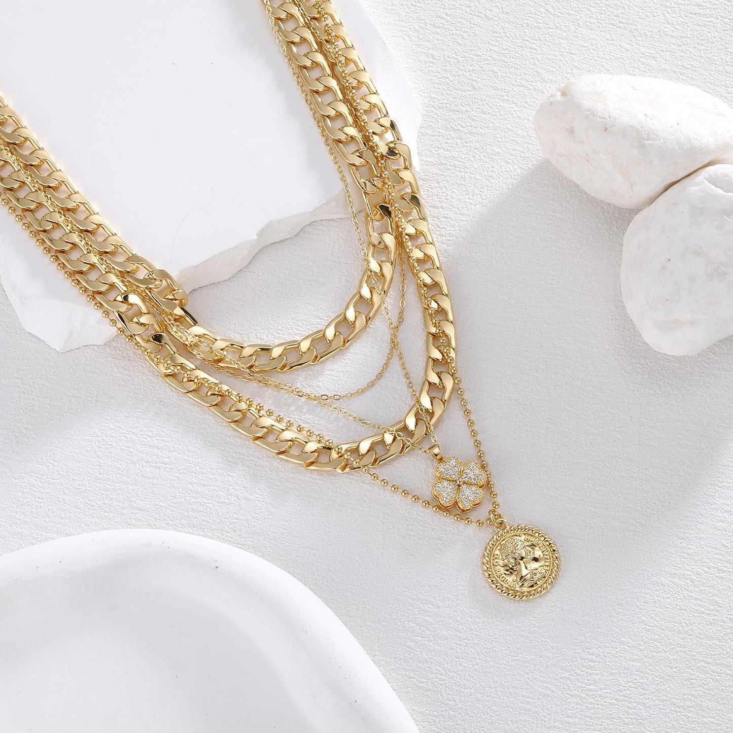 MJartoria Gold Layered Necklaces for Women Trendy Retro Coin Pendant Necklace Dainty Chunky Chain Choker Necklaces for Jewelry Birthday Gifts (Gold, A-Z-Rotatable Clover-5 in 1 Layered)