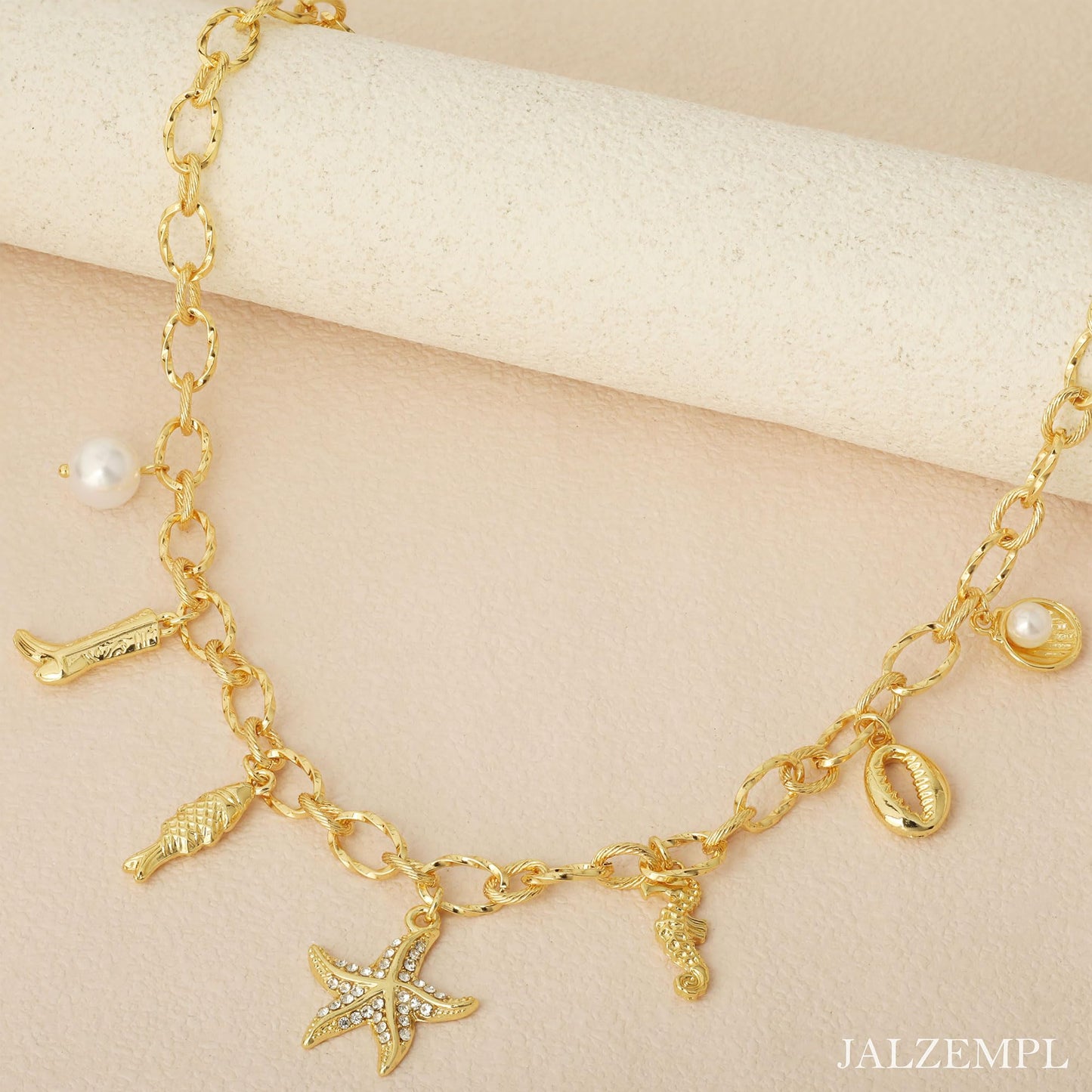 Chunky Charm Cross Pearl Necklace For Women Seashell Shell Starfish Beach Bow 14K Gold Plated Pendant Summer Jewelry (02 Starfish)