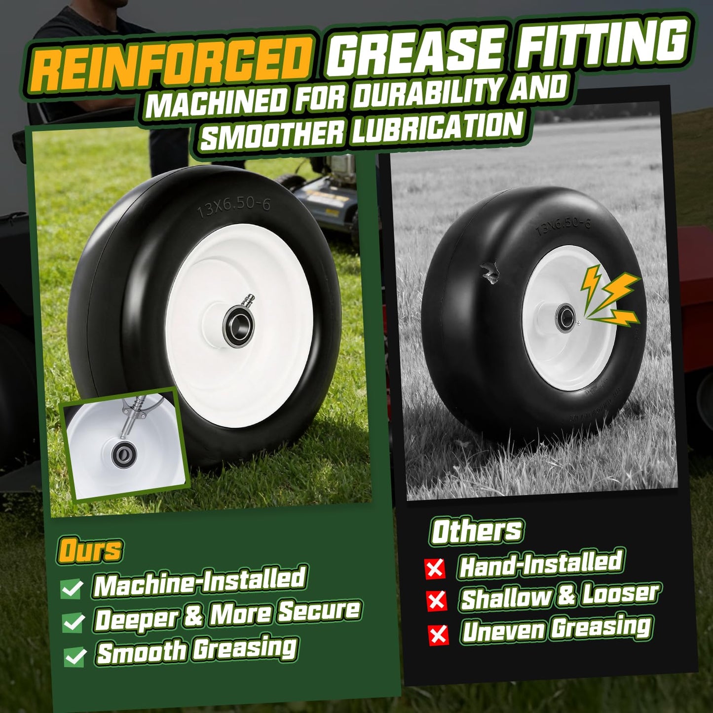 QILINGLORY 13x6.50-6 Flat Free Lawn Mower Tires and Wheel with 3/4" bearing bore Flat-Free, with 5/8” Bearings & Spacers, Fits Riding Mower, Zero Turn, Garden Tractor, 500 lbs Capacity, 2-Pack