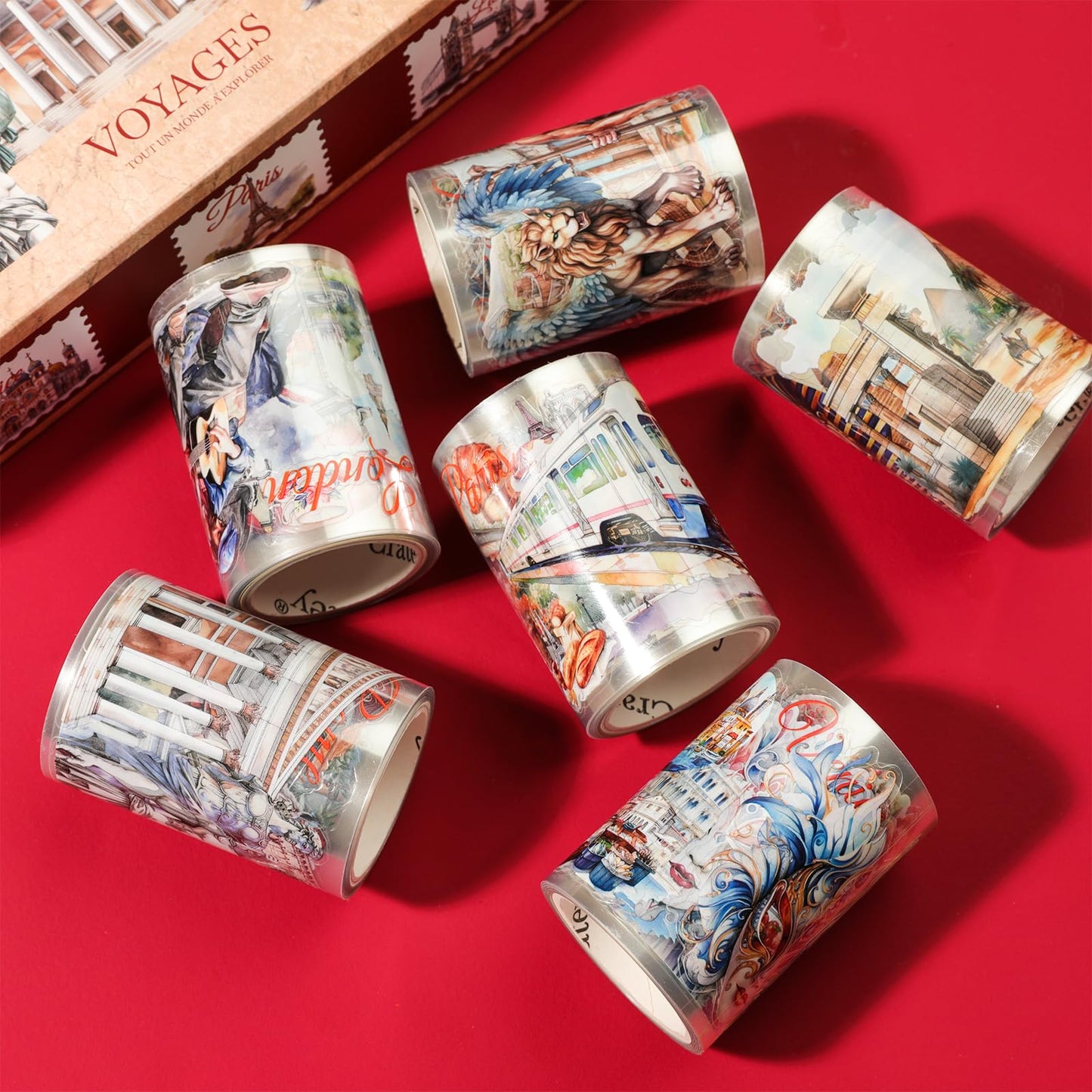 Cratey 6-Roll Pre-Cut Travel Diary Wide PET Washi Tape Set - Transparent Scrapbooking Supplies, Journaling, and Crafting - Decorative Stickers, Planner Arts, and Collage