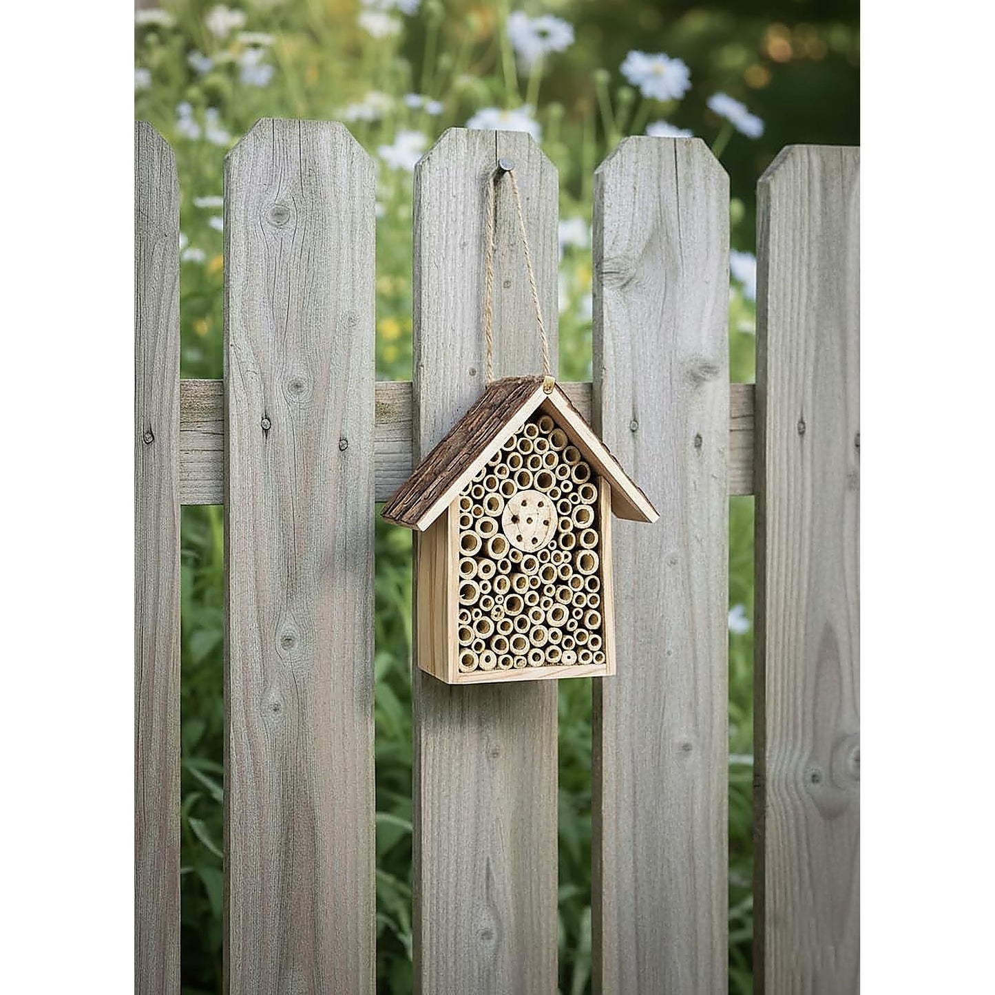 Redwood Mason Bee House - Solitary Bee Hotel & Wooden Pollinator House | Leafcutter Bee Hive with Easy-Hang Jute Rope | Weatherproof Insect Hotel & Outdoor Garden Decor for Pollinators