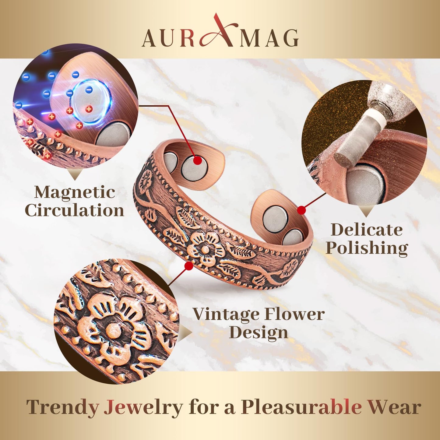 Auramag Copper Rings for Women, Magnetic Rings with 3500 Gauss Magnets, Adjustable, 100% Pure Copper, Lymphatic Drainage, Tree of Life & Plum Blossom Design