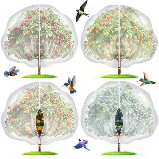4-Pack 12x10FT Fruit Tree Netting Bags, Bird Netting Safeguard Apple Trees and Blueberry Bushes from Birds, Pest and Deer, Cicadas Netting Cover with Zipper and Drawstring