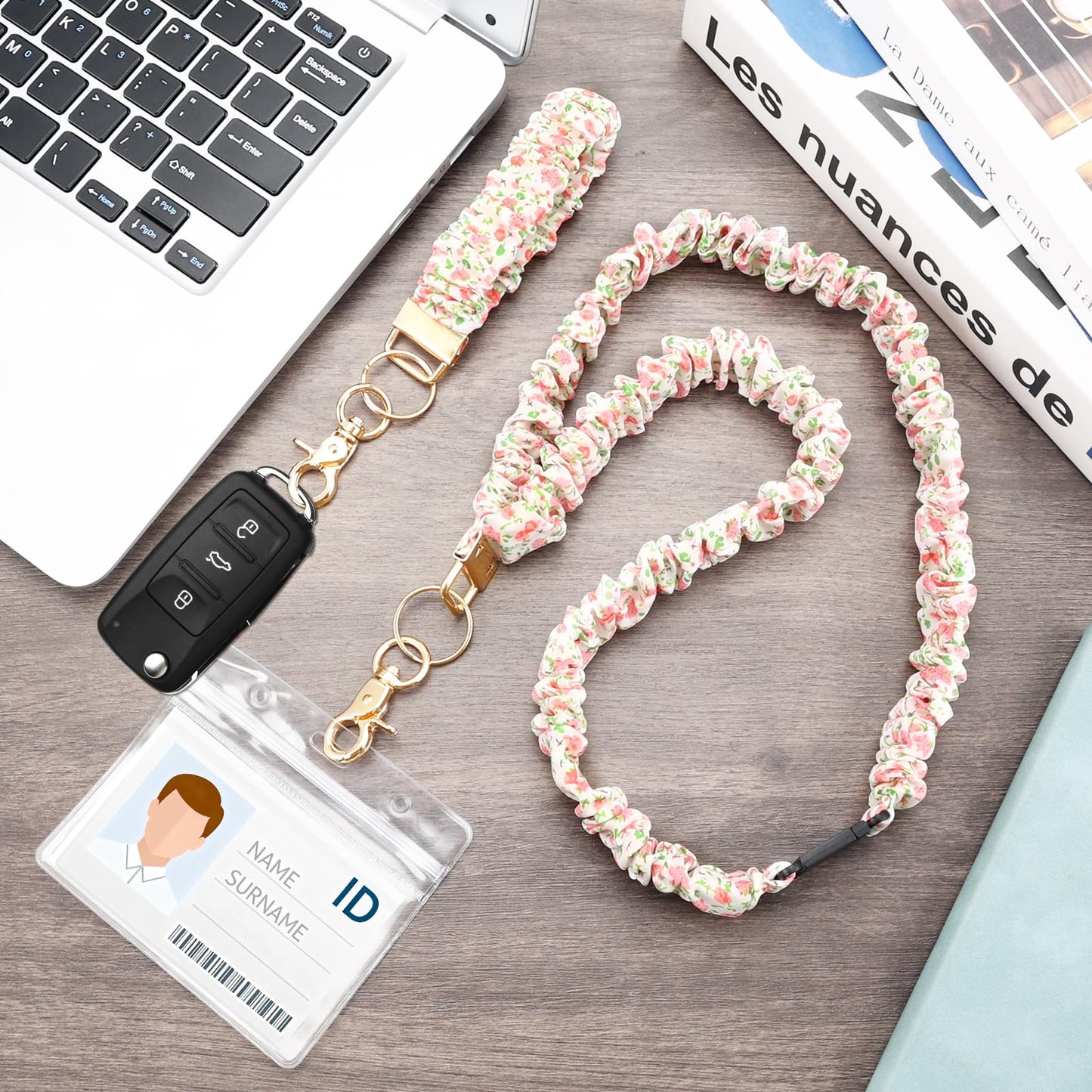 Lestp 2Set Scrunchie Lanyard Breakaway Wristlet Keychain for Teacher Gifts Special Stretchy Teacher Lanyard for ID Badges Scrunchy Lanyards with ID Holder Cute Essentials for Teachers Office Nurse C
