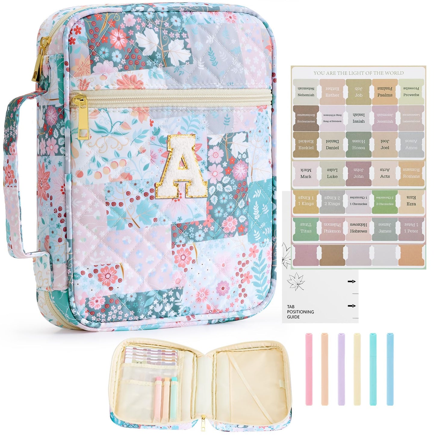Oterri Bible Cover Case For Women, Large Bible Cover With Bible Study Supplies Accessories, Quilted Soft Bible Tote Bags Church,Classroom,Campus,Neighborhood Association (Flower Quilt-A, Large)