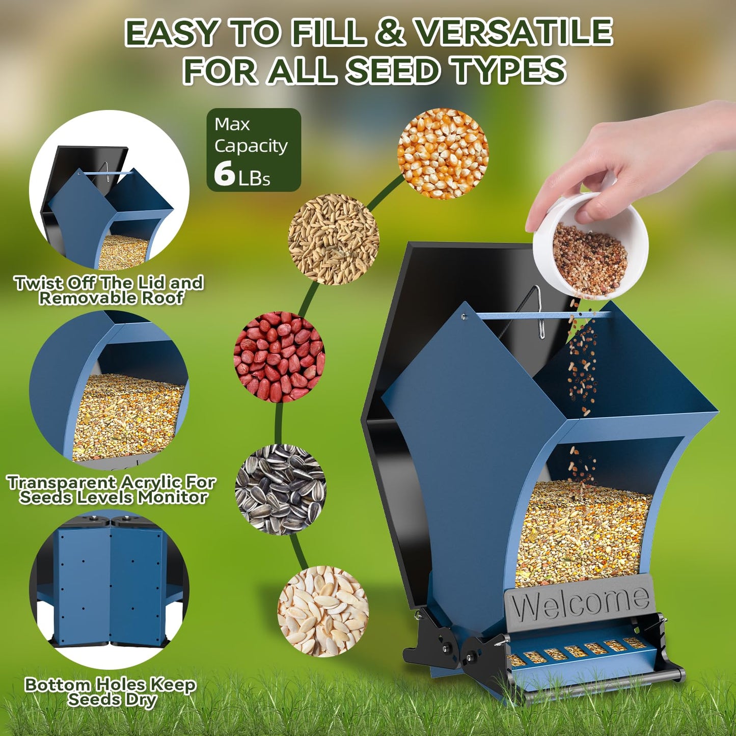 Wildpark Squirrel Proof Bird Feeders for Outdoors, 5LB Metal Hanging Feeders, Large Wild Feeders for Cardinals, Chickadees, Durable Backyard Feeders -One in Blue