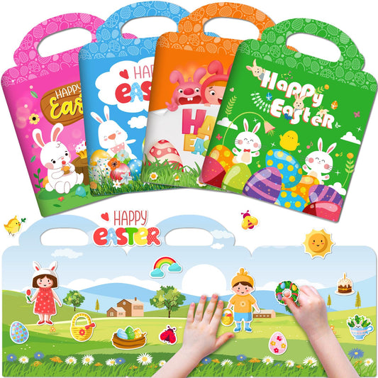 4 Sets Easter Reusable Sticker Books for Kids 2-4, Activities Books for Toddlers 1-3, Arts and Crafts Removable Jelly Stickers for Girls Boys, Travel Toys Holiday Gifts Easter Basket Stuffers