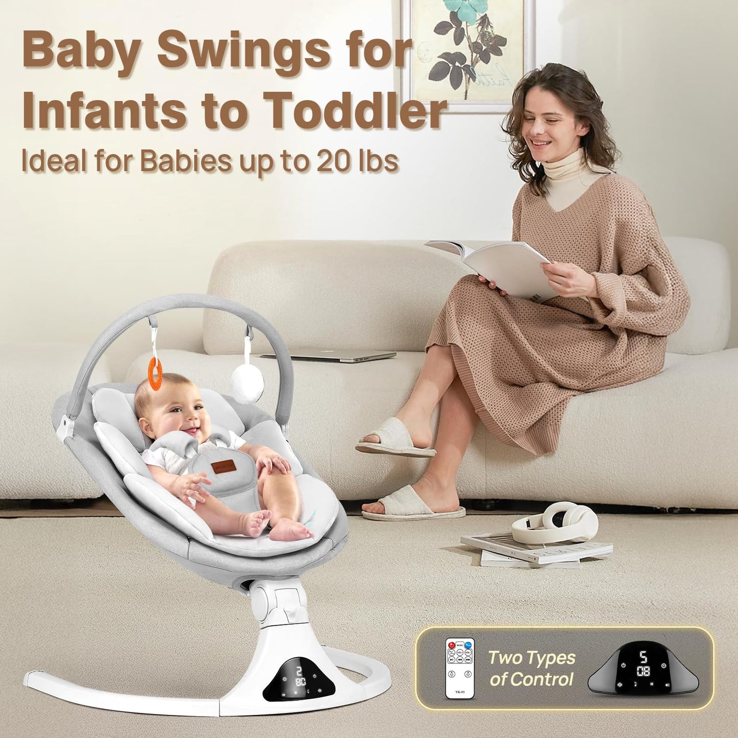 Baby Swings, Infant Swing with Remote Control, 5 Speed Adjustable, Machine Washable Seat Pad, 5 Point Harness, Bluetooth Connection, Electric Baby Swing for Indoor Use (Gray)