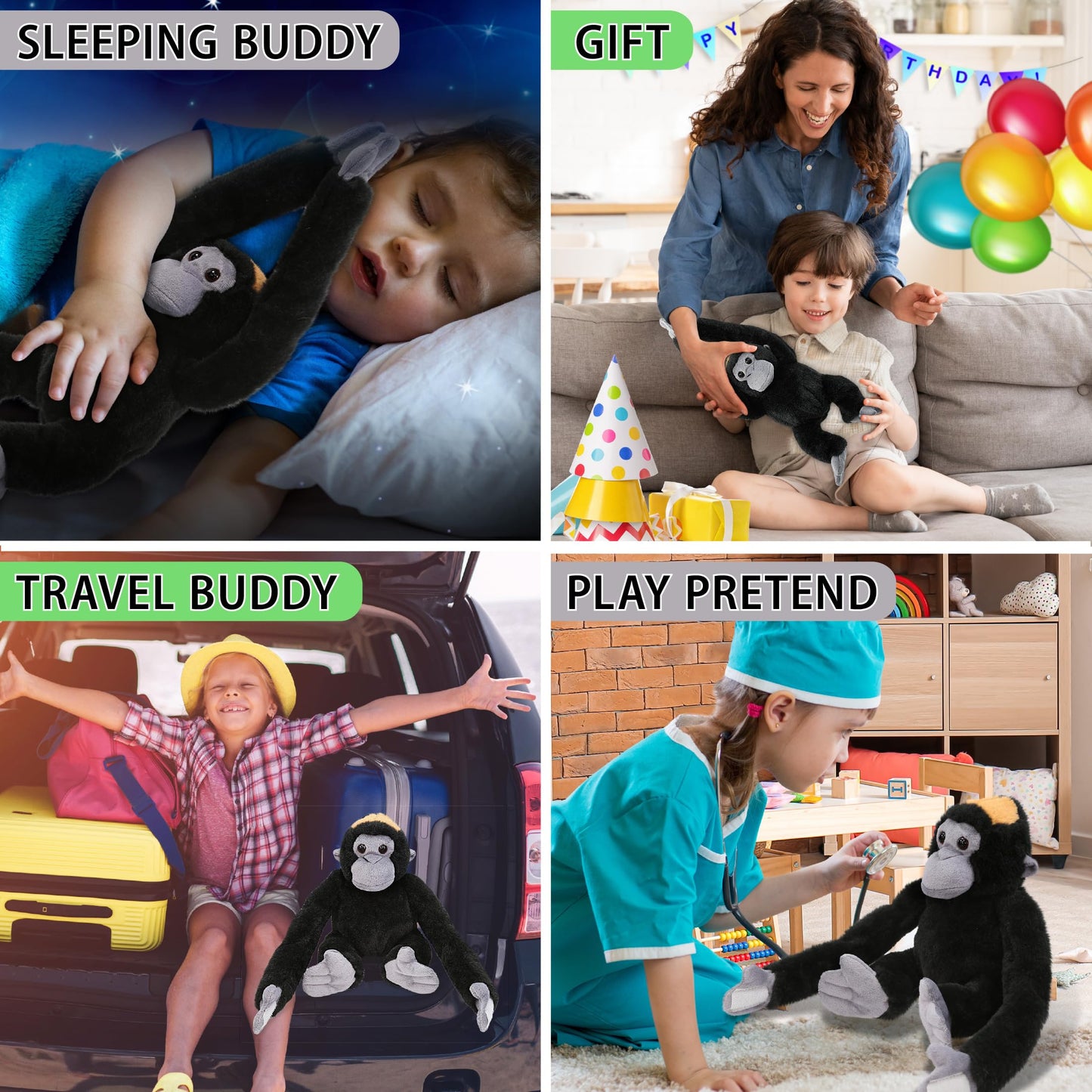 DolliBu Long Arms Hanging Monkey Plush Toy - Super Soft Stuffed Animal Monkey Toy, Cute Plush Wildlife Animal Toys for Kids and Adults - 13 Inches