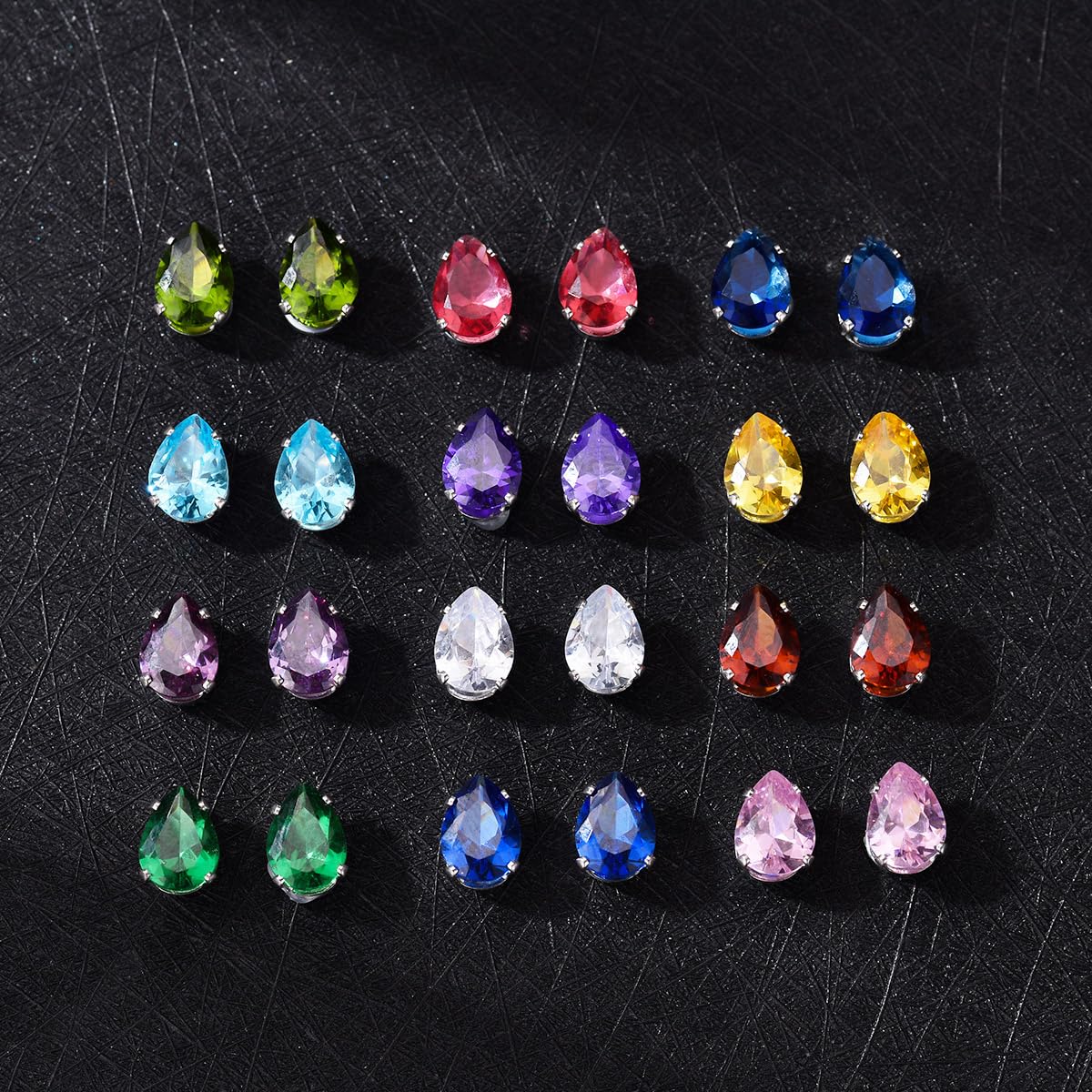 Spiritlele 12 Pairs Birthstone Magnetic Earrings Set Cubic Zirconia Clip on Non Piercing Fake Stud Earrings Birthday Gifts Unisex (Teardrop)