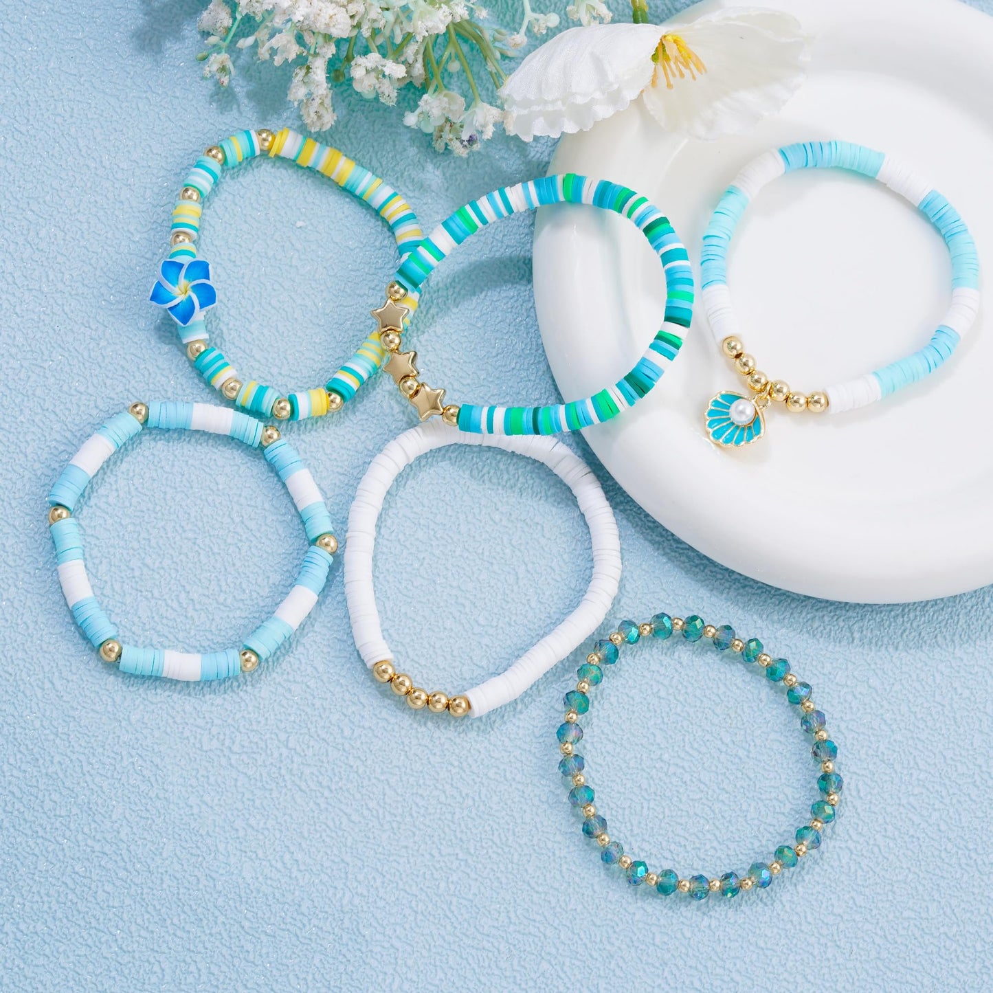 RISHEGAE Heishi Beaded Stretch Bracelets for Women Stackable Gold Polymer Clay Beads Bracelets Friendship Boho Summer Beach Bracelet Jewelry Set (F-Blue Flower)