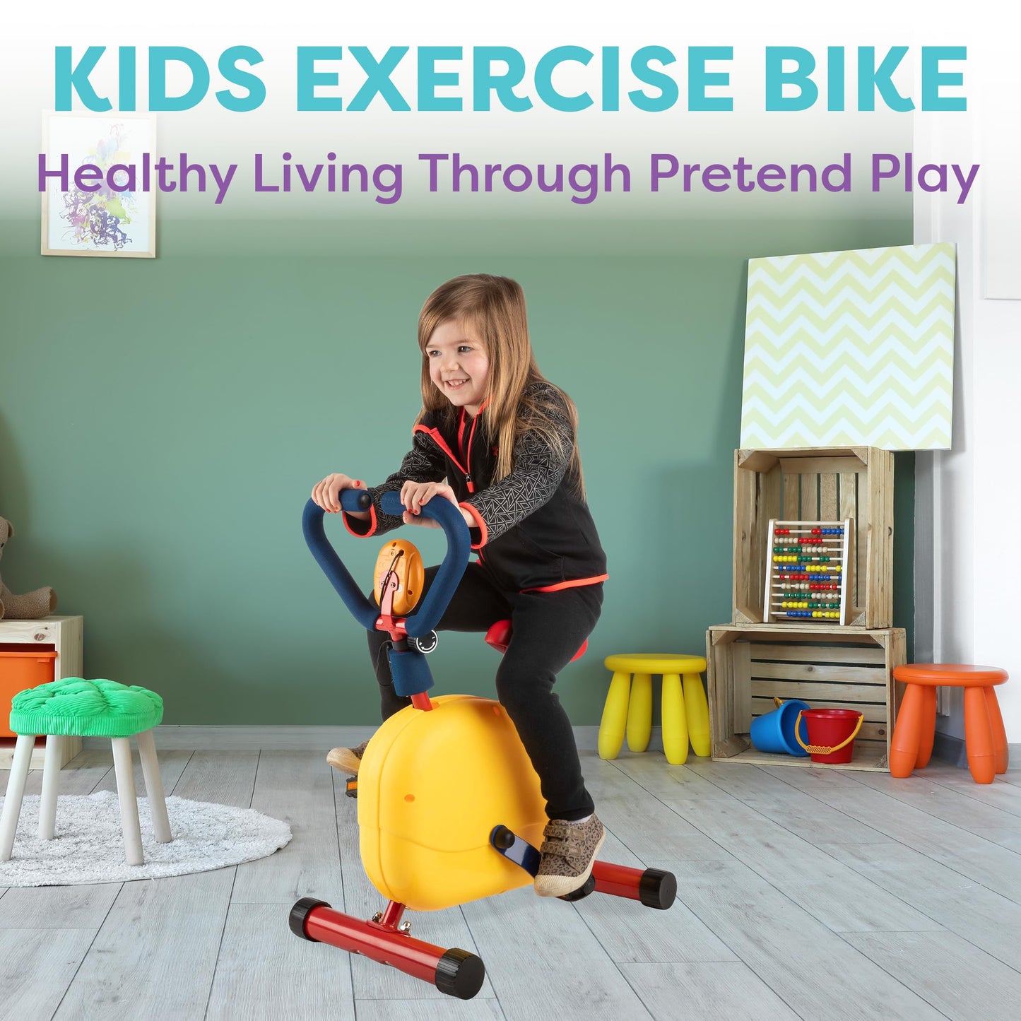 Kids Exercise Bike - Indoor Stationary Cycle Riding Toy with Adjustable Seat - Kids Workout Equipment for Boys and Girls Ages 4 and Up by Hey Play