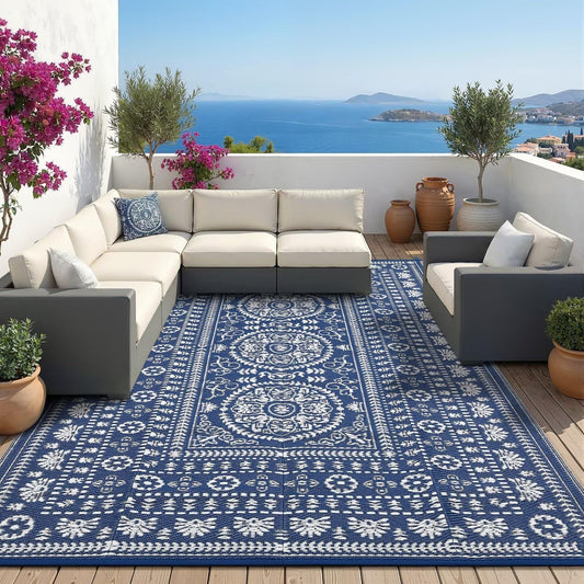 Garvee Reversible Outdoor Rug 6x9 for Patio, Waterproof Outdoor Area Rug, Modern Medallion Indoor Outdoor Rugs, Plastic Straw Rug for RV, Camping, Deck, Vintage Navy