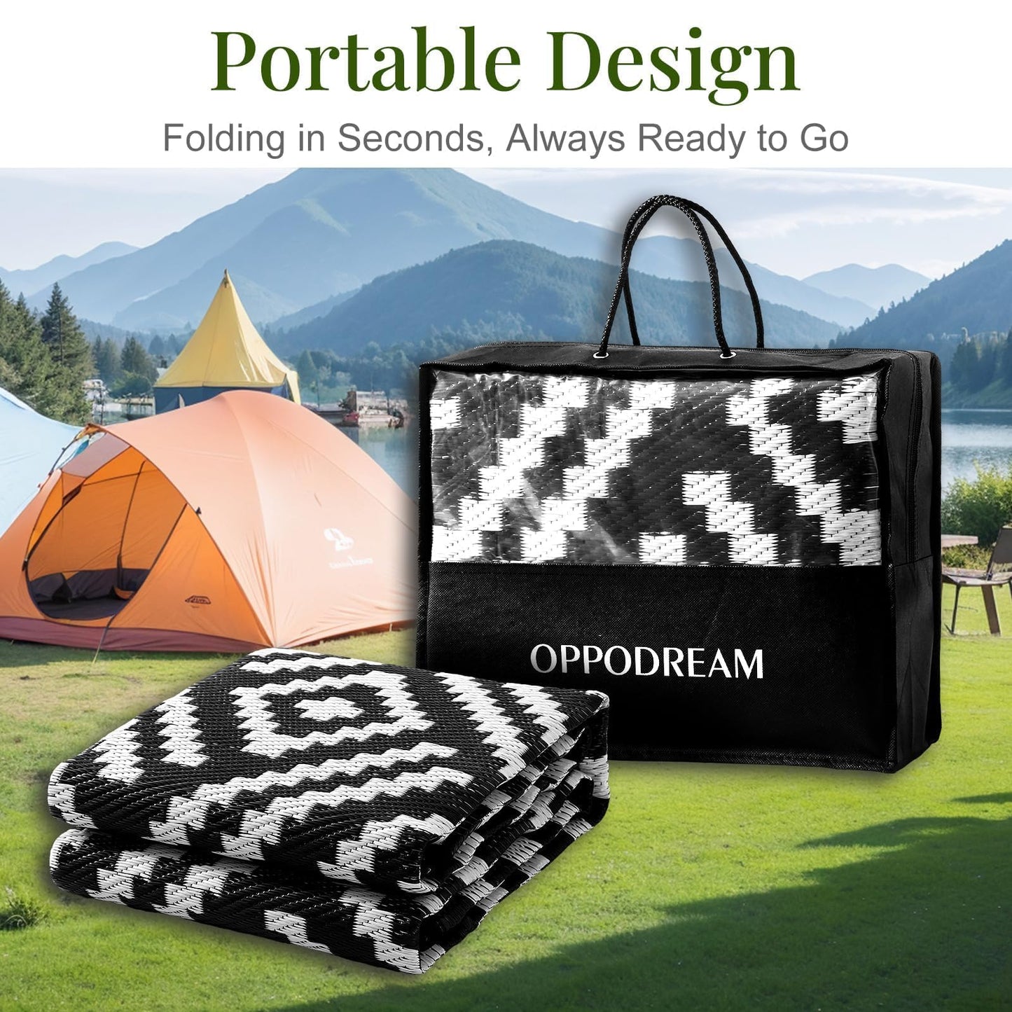 OPPODREAM Outdoor Rug 8x10 Patio Waterproof, Large Outdoor Plastic Straw Rug, Reversible Out Door Carpet for Camping, Deck, Rv, 8 x 10 Area Carpet for Balcony, Porch, Backyard, Black and White