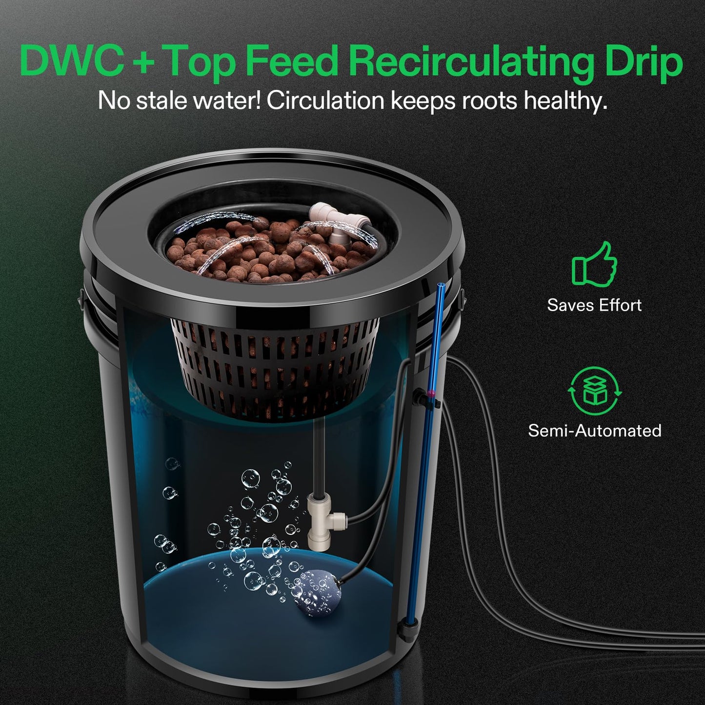 VIVOSUN DWC Hydroponics Grow System with Top Drip Kit, 5-Gallon Deep Water Culture, Recirculating Drip Garden System with Multi-Purpose Air Hose, Air Pump, and Air Stone (1 Bucket + Top Drip Kit)
