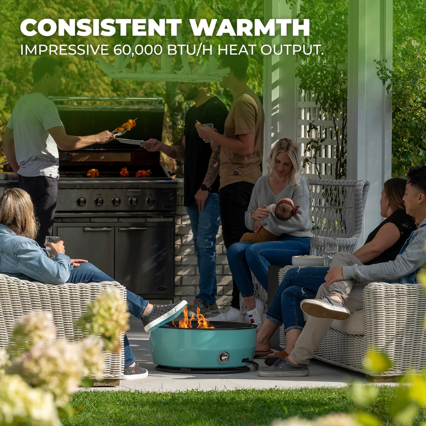 Outland Living Large Outdoor Propane Gas Fire Pit for Outside, 60,000 BTU/h, 24 inch with Lid - Modern Lake Country 800 Fire Bowl Firepit for Patio, Blue