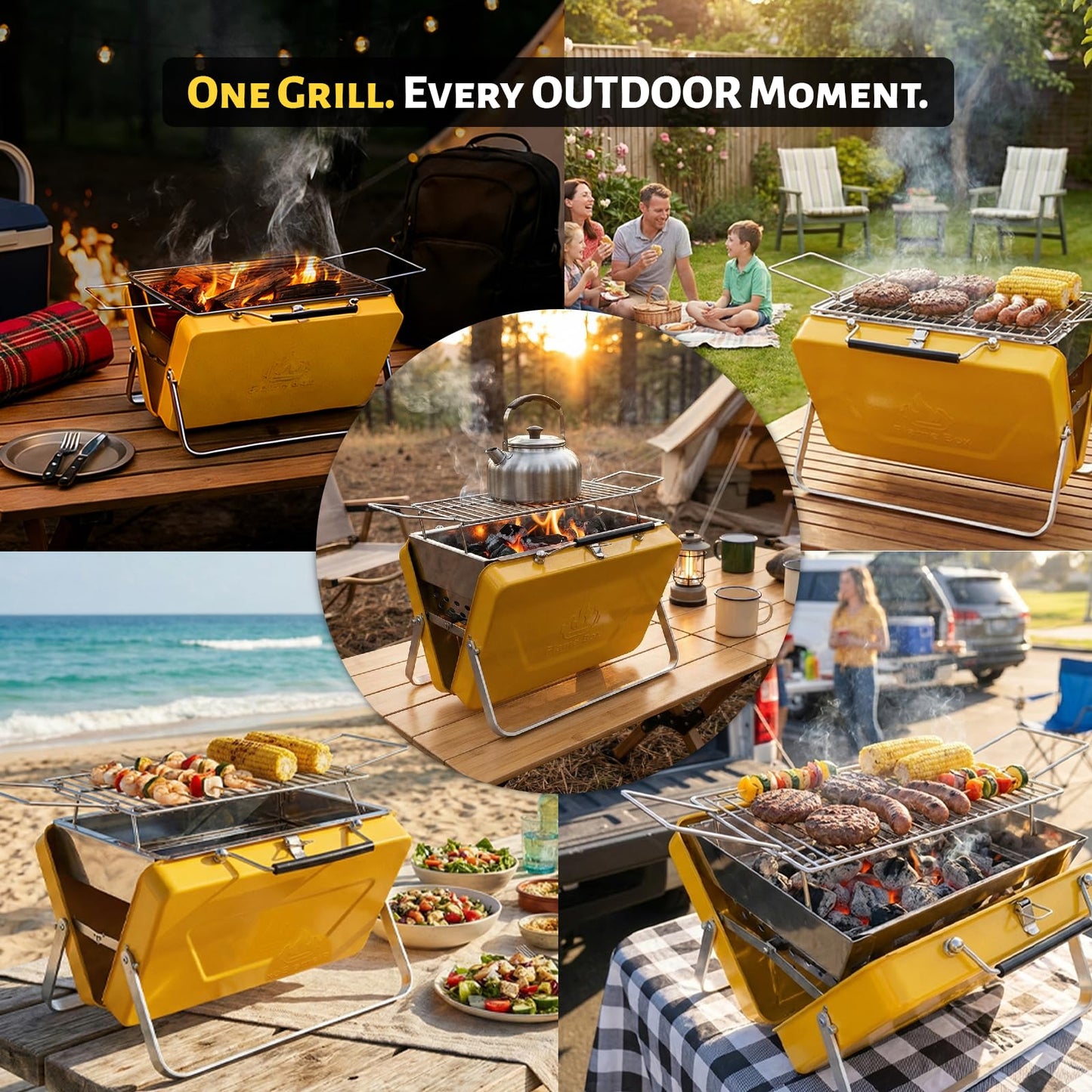 Ranger Portable Charcoal Grill – Compact Lunchbox‑Style Folding BBQ for Camping & Beach| Dual‑Zone Heating, Stainless Steel Body, 3-sec Setup, Includes Tong & Cleaning Brush, Serve 2-3 people