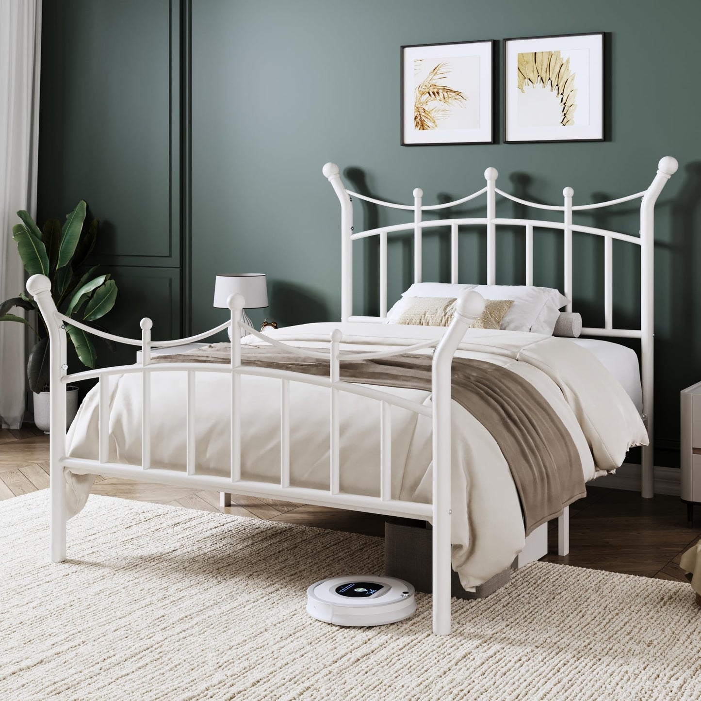 Allewie 14 Inches Twin Size Metal Platform Bed Frame with Elegant Crown Iron-Art Headboard & Footboard, Sturdy Mattress Foundation with Under-Bed Storage, Easy Assembly, No Box Spring Needed, White