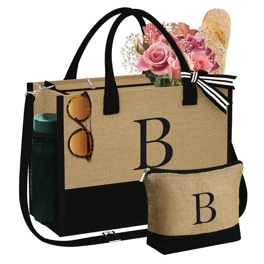 YOOLIFE Personalized Gifts for Women - Initial Jute Tote Bag & Makeup Bag, Birthday Gifts for Women Mom Wife Teacher Friend
