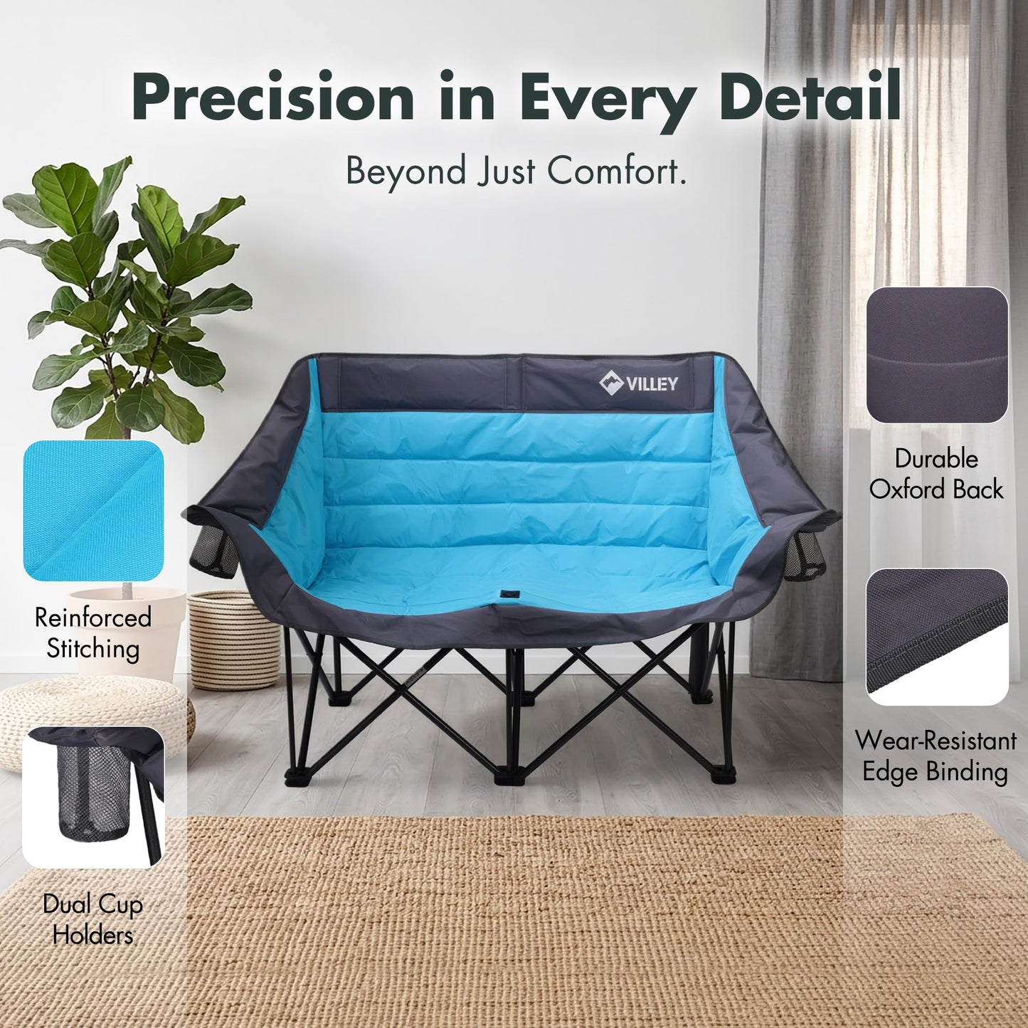 VILLEY Oversized Double Camping Chair for Adults, Heavy-Duty Folding Loveseat Camp Chair with Cup Holders, 2 Person Outdoor Chair Supports up to 900 lbs for Camping, Beach, Lawn & Sports