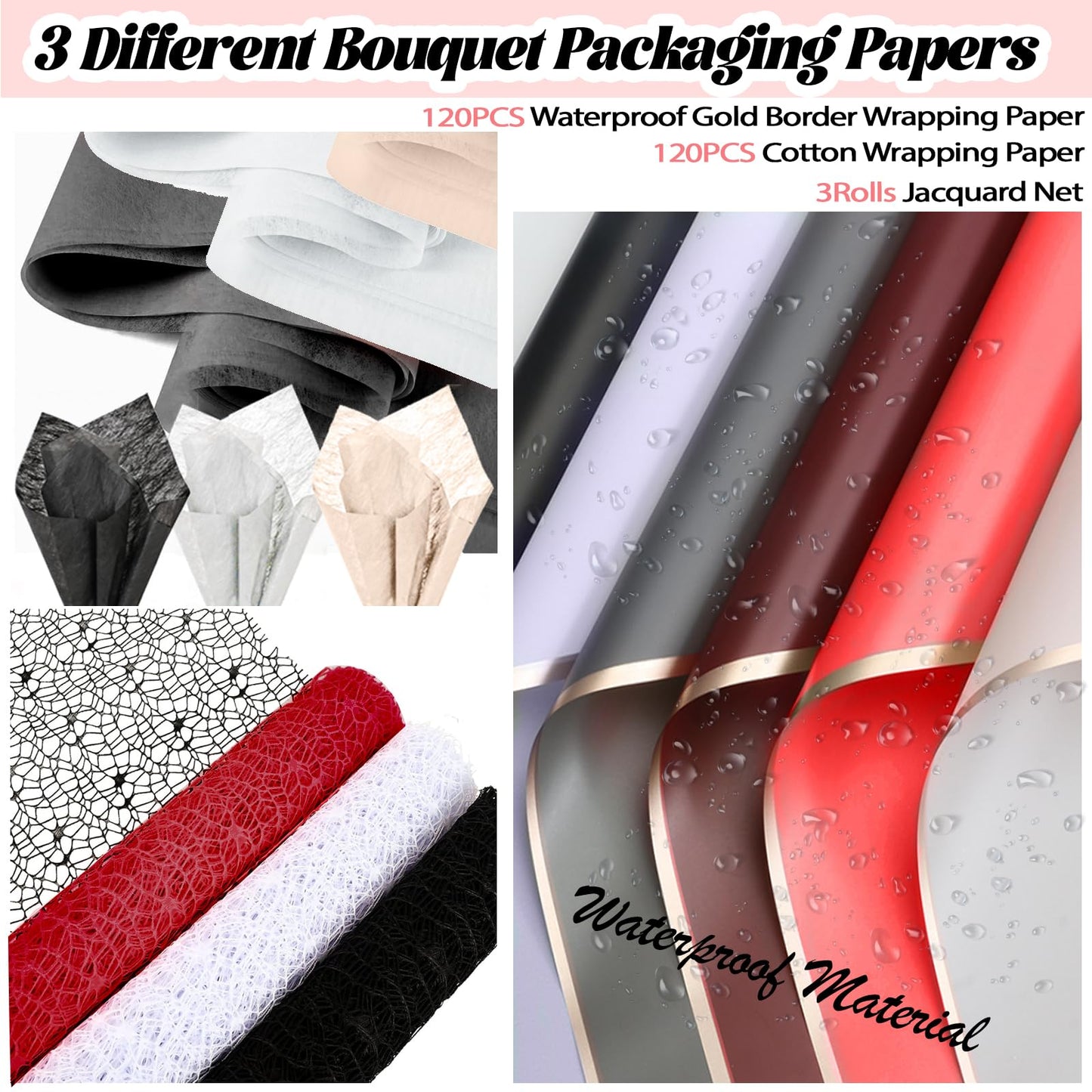 512Pcs Flower Wrapping Paper Kit with 120 Sheets Waterproof Floral Wrapping Paper 3D Butterfly Decor Crowns,Bouquet Pins Ribbons,DIY Crafts for Mother's Day Valentines Graduation Birthday Gift