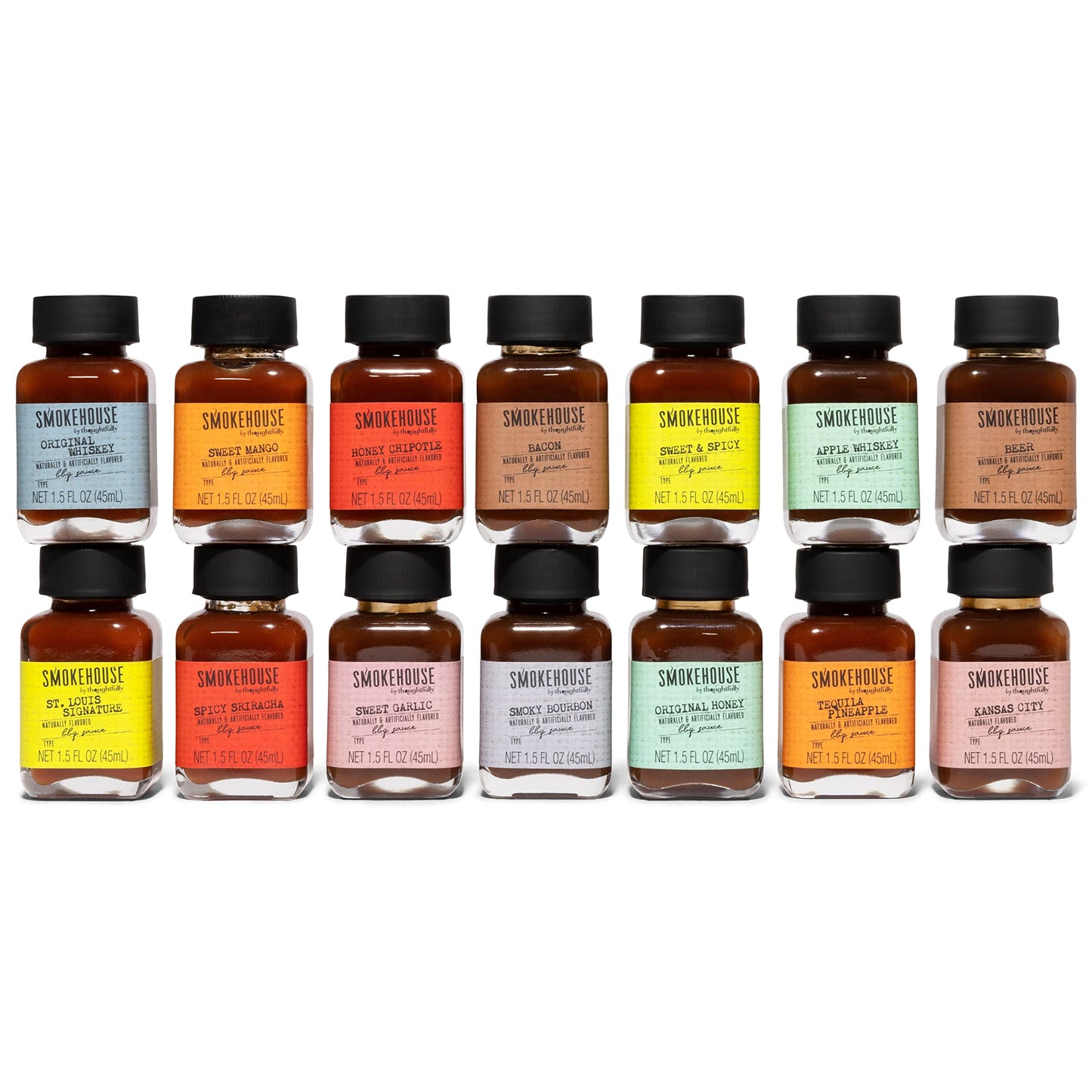 Smokehouse by Thoughtfully, Gourmet BBQ Sauce Sampler Variety Pack in Glass Bottles, Vegan and Vegetarian, Flavors Range from Full-Bodied Pitmaster Classics to Foodie-Inspired Creations, Pack of 14