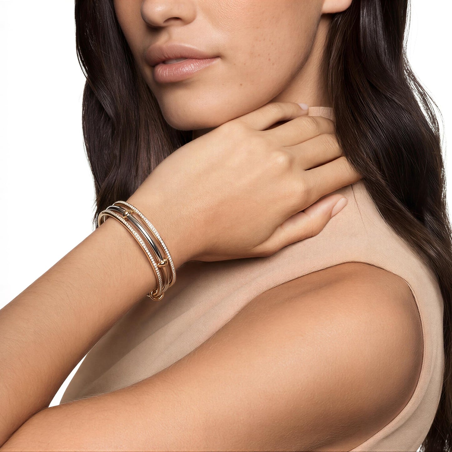 Musishiyu Gold Bracelets for Women Stacking Bangle - 18K Mixed Metal Tri-Color Rolling Interlocking Bands, Cubic Zirconia Fidget Anxiety Jewelry, Perfect Gifts for Mom Wife Grandma