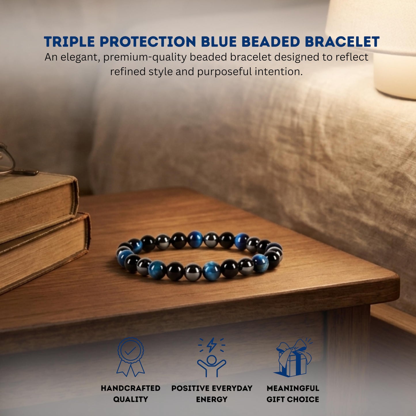 Cherry Tree Collection Triple Protection Blue Beaded Bracelet – Genuine 8mm Gemstone Stretch Bracelet for Men & Women – Handmade Crystal Bracelet - (Triple Protection Blue - S)