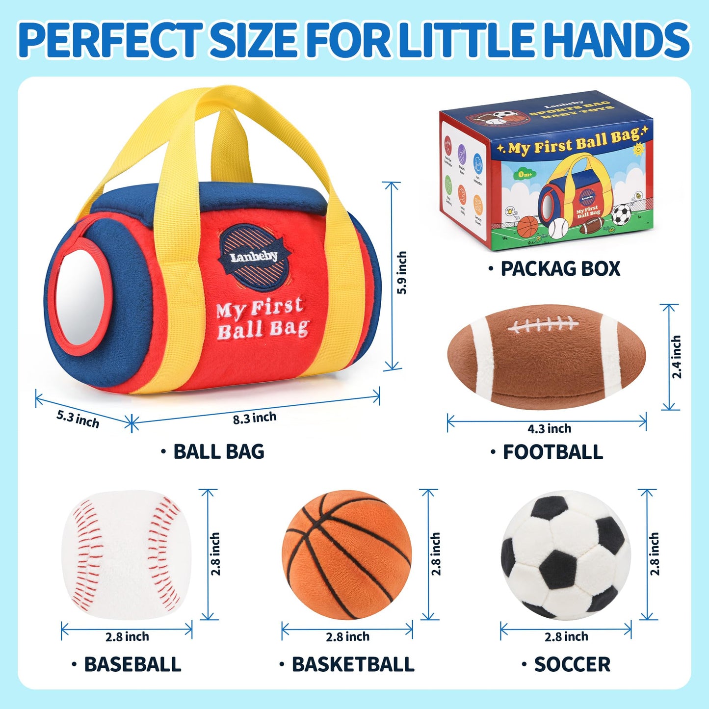 Baby Boy Toys 6-12 Months – My First Sports Bag Musical Infant Toys with 4 Sensory Balls – Basketball, Football, Baseball, Soccer – Rattle, Squeaker, Mirror for 3-6-9-12 Month Old Baby Christmas Gifts