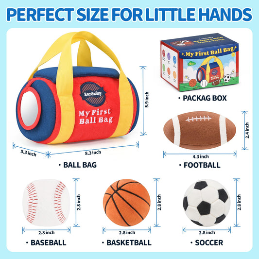 Baby Boy Toys 6-12 Months – My First Sports Bag Musical Infant Toys with 4 Sensory Balls – Basketball, Football, Baseball, Soccer – Rattle, Squeaker, Mirror for 3-6-9-12 Month Old Baby Christmas Gifts