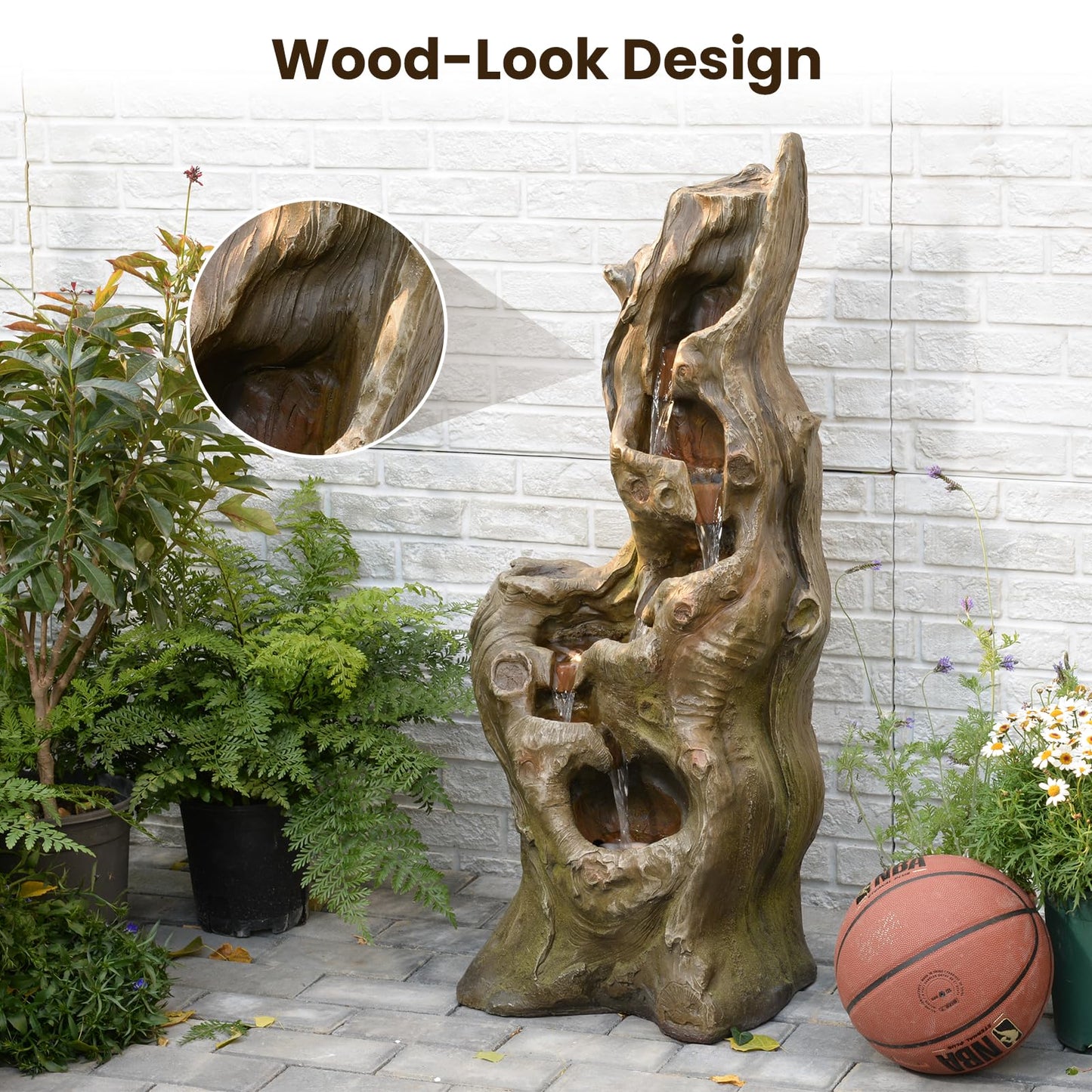 Sunlinua Water Fountain Outdoor 5-Tiers Large Cascading Realistic Tree Trunk Natural Waterfall Outdoor Fountain Resin Imitation Wood with LED Lights for Garden, Patio, Porch