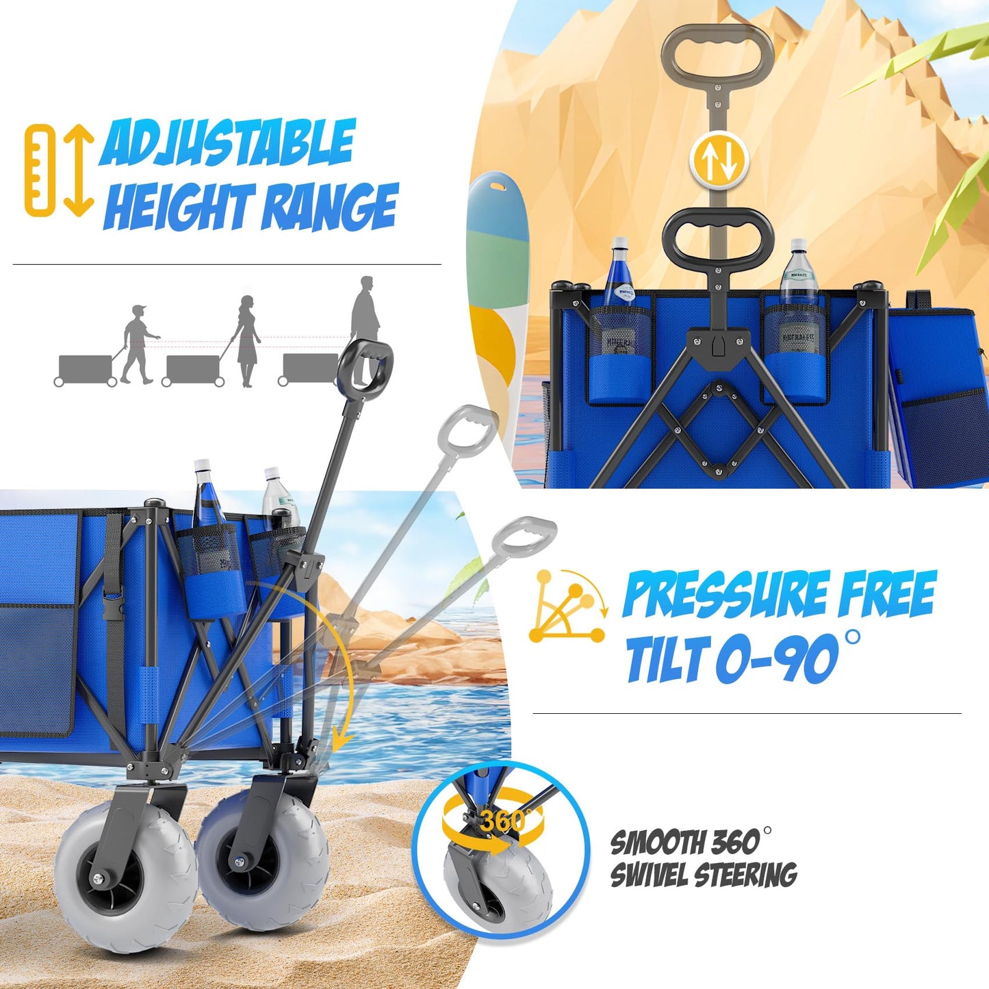 Beach Wagon with Big Wheels for Sand, 350lbs Heavy Duty Folding Wagon, Oversized 180L, 9" PVC All-Terrain Wheels, Adjustable Handle, Cooler & Storage Bags for Beach, Camping, Garden & Outdoor Sports