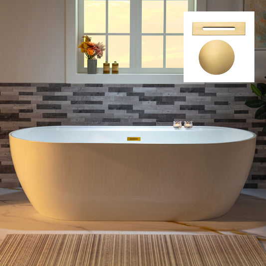 WOODBRIDGE 72" Acrylic Freestanding Bathtub Contemporary Soaking White Tub with Brushed Gold Overflow and Drain,B0059-BG