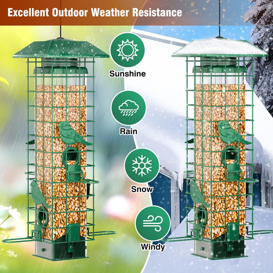 GAINSEN Squirrel Proof Bird Feeder, Metal Bird Feeders for Outdoors Hanging, Weight Activated, 3Lb Capacity, 4 Ports, All-Weather Tube Bird Feeder for Outside, Cardinal Finch Bluebird Wild Bird Feeder